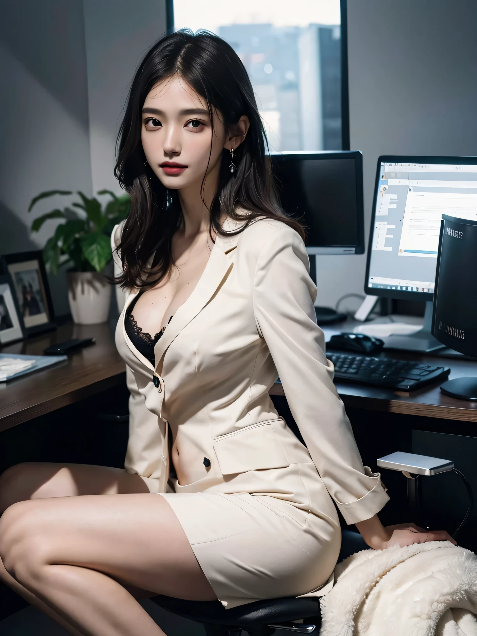 disorganized, RAW photo, very delicate and beautiful, masterpiece, highest quality, ultra high resolution, 16k, surreal, super detailed, perfect anatomy, super dense skin, perfect figure, Highly detailed CG 8k wallpaper, 20's, very slim body, tight waist, very small head, very small face, delicate features, tearful mole, mole on chest, earrings, thin legs, ((very huge round breasts)), ((full body shot)), short middle hair, wavy hair, ((office suit)), (blazer), (blouse), skirt,
