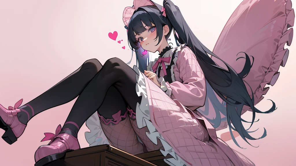 masterpiece, best quality, (jirai_kei),1girl, solo, long_hair, looking_at_viewer, shirt, black_hair, long_sleeves, bow, ribbon, twintails, sitting, monochrome, hair_bow, heart, pantyhose, frills, food, shoes, choker, blunt_bangs, black_skirt, pink_eyes, stuffed_toy, pink_background, stuffed_animal, frilled_skirt, pink_bow, (fishnets), candy, bandaid, pink_shirt, teddy_bear, lollipop, (fishnet_pantyhose), platform_footwear, pink_theme, pill, heart-shaped pupils,