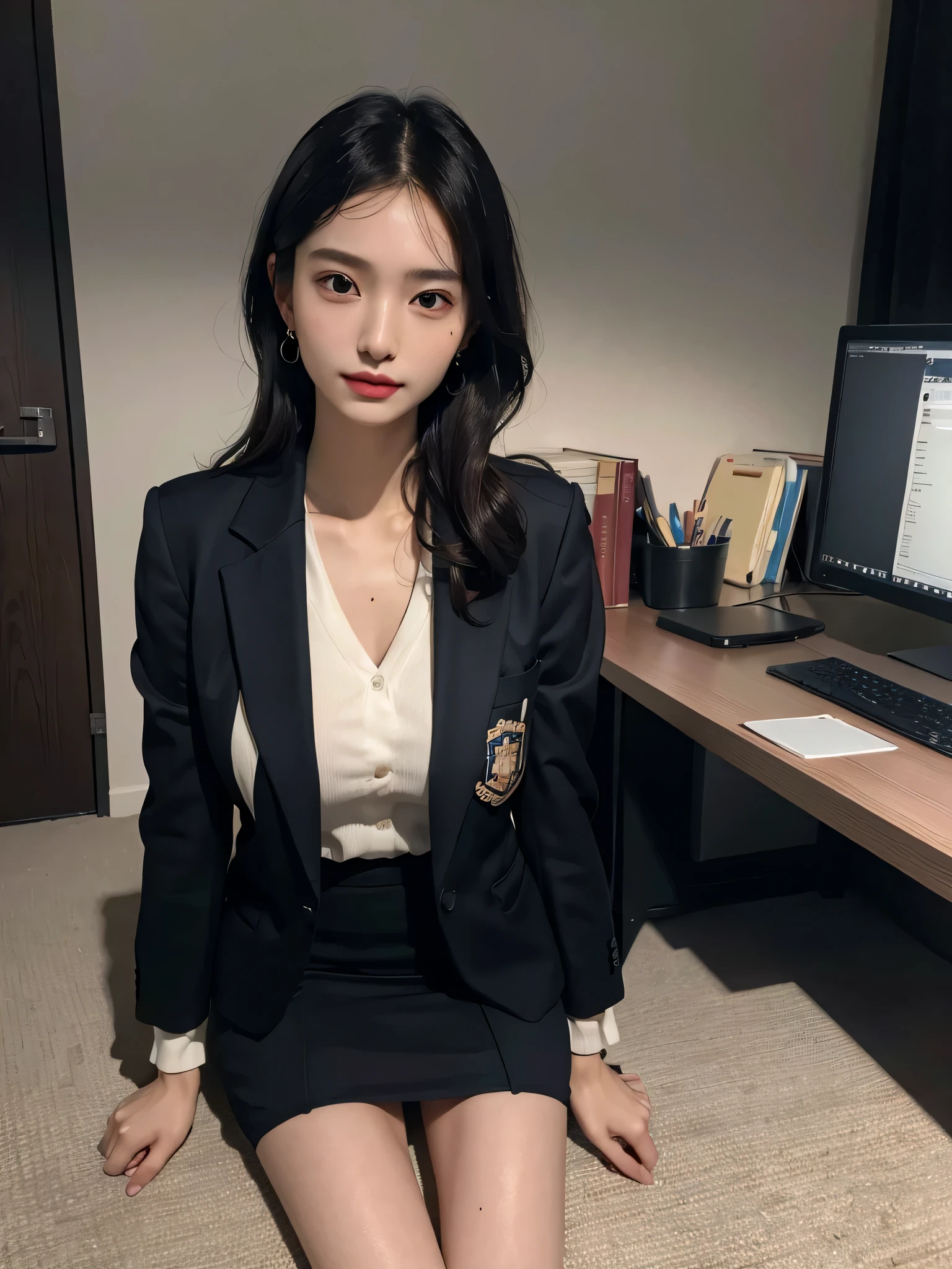((best quality)), ((muste piece)), (detailed breasts), (highlight), perfect face　Young girl highlighting large breasts with detailed face、Long, thick, shiny, beautiful black hair with blunt bangs、solid color background、Standing wearing red and black blazer and miniskirt school uniform、Japanese high school girl、student council president idol、