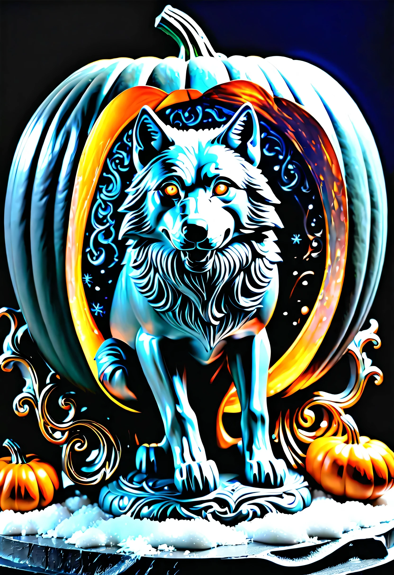 in the steel pumpkin, marble of skeuomorphism pumpkin carving, float out of marble color glow smoke, intricate detail, hyper real, insane rococo design, cyber ​​fairy grunge inspired, intricate detail, snow coating flower. extreme fine carvings, stunning intricate and insane of dark fantasy, side face of wolf, dim-glow of detail eyes, intricate and insane design, sophisticated carving, realism, tonalism, rayonism, crisp clarity that  unmatched, professional art work, breathtaking masterpiece, sharpness and clarity unmatched, (((radiosity rendered in stunning 32k beautiful resolution:1.3))), all captured in sharp focus, highest quality, highly quality, best quality, top quality, absurd detail rendering,