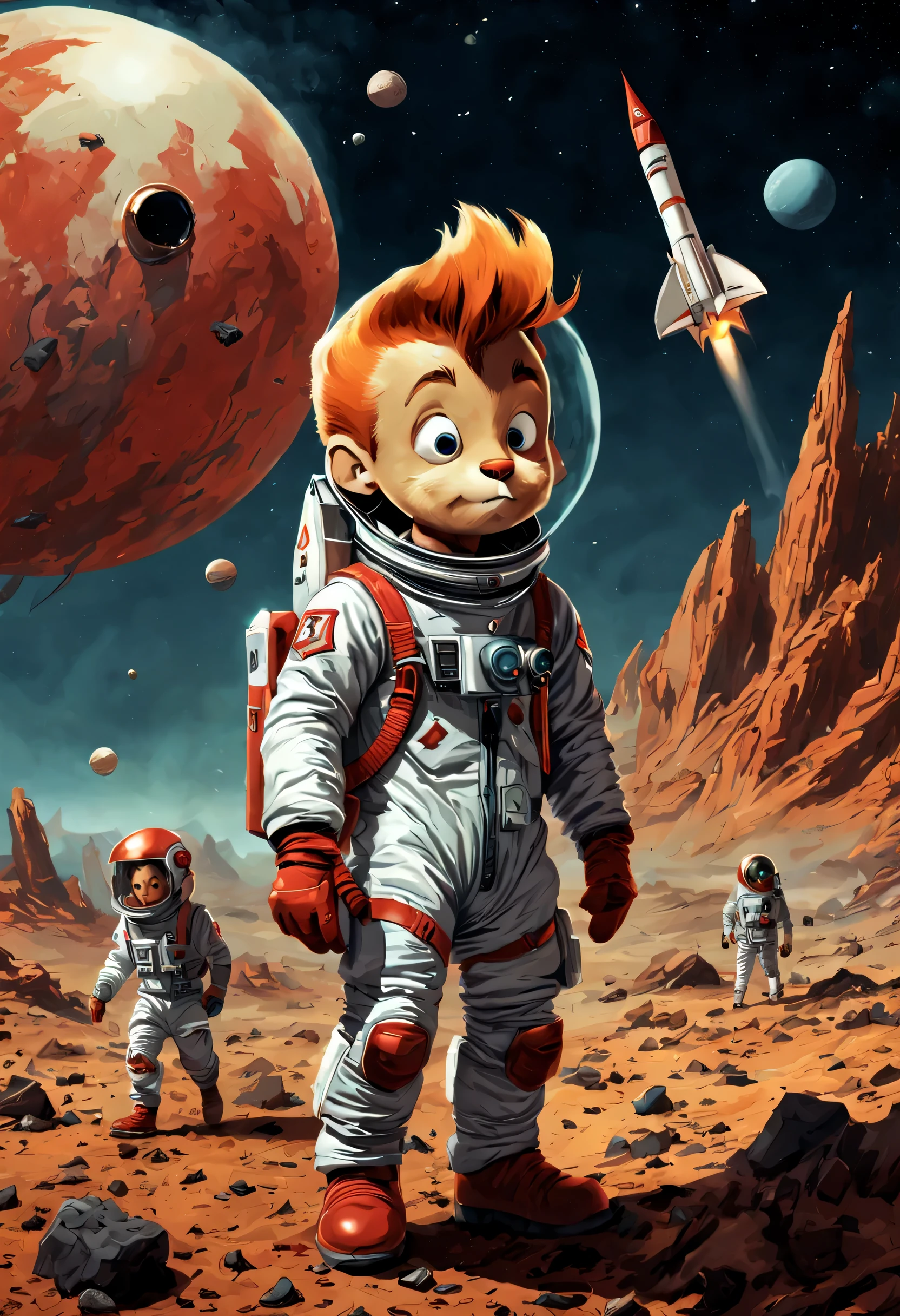 Sci-fi art in Spirou's signature style, character surprised as his comrades leave him behind, adorned in spacesuit attire, sporting a defeated posture, with background elements of a desolate alien planet of crystalized geology, combined with a high-quality vintage animation appearance by a rocket ship, dramatic lighting, ultra fine, digital painting., Mysterious