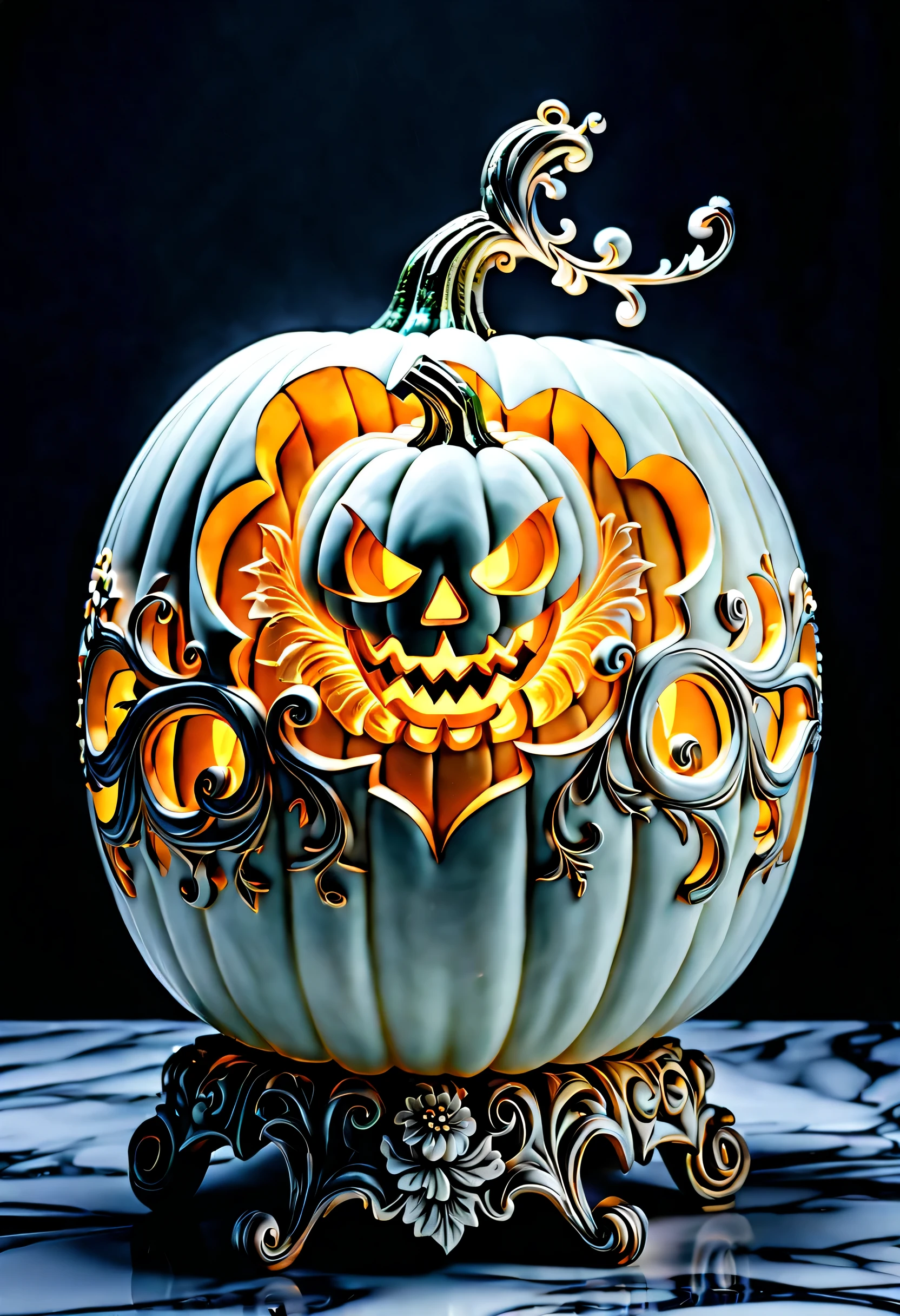 in the clear glass pumpkin, marble of pumpkin carving, float out of marble color glow smoke, intricate detail, hyper real, insane rococo design, cyber fairy grunge inspired, intricate detail, snow coating flower. extreme fine carvings,