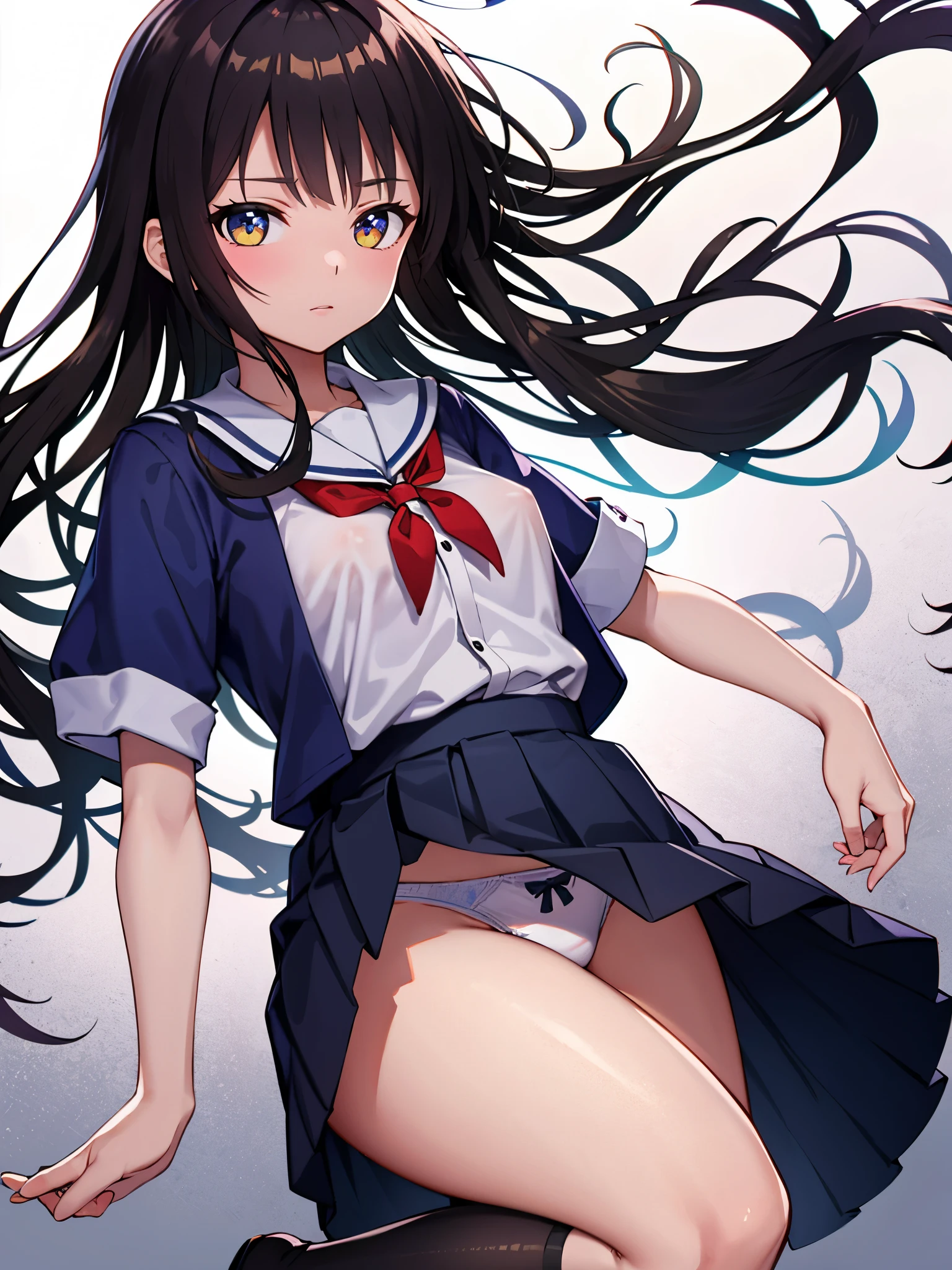 (1 girl),(high quality), (High resolution), (extremely detailed), (8K),(lower body shot),(She is wearing panties under her school uniform and short navy pleated skirt.),(wearing black knee-high stockings)not wearing shoes,perfect writing,(Beautifully erect nipple shape:1.2),High resolutionの美しい目,(neutral white lighting:1.2),Dancing in another world with strong winds