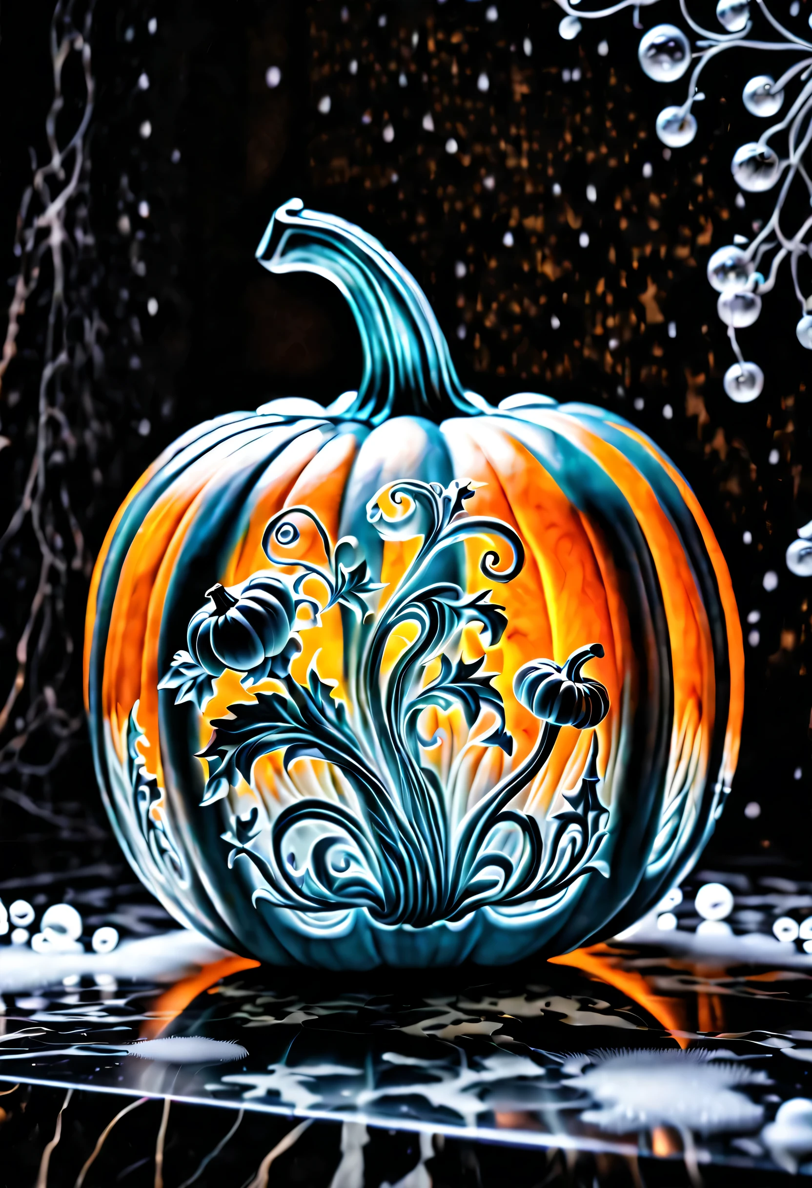 in the clear glass pumpkin, marble of pumpkin, float out of marble color glow smoke, intricate detail, hyper real, insane rococo design, cyber ​​fairy grunge inspired, intricate detail, snow coating flower. extreme fine carvings, 