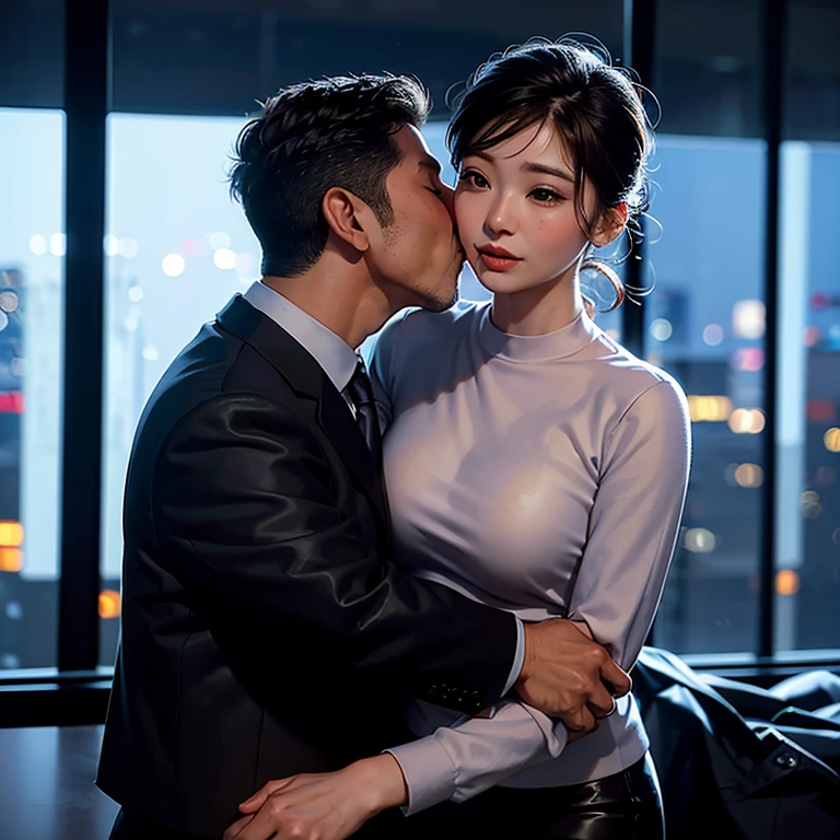 Beautiful woman wearing an office lady suit、(Kissing a beautiful middle-aged man in a suit:1.1)、(In an empty office)、(A detailed face:1.5)、The background  a window with a view of a skyscraper、(Night:1.6)