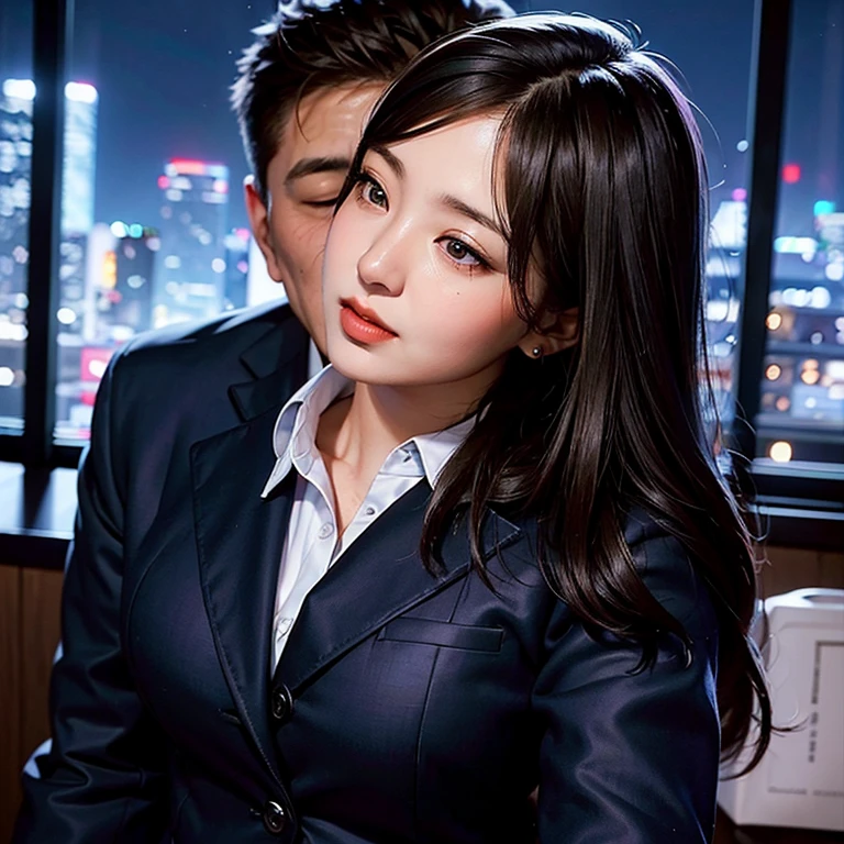 Beautiful woman wearing an office lady suit、(Kissing a beautiful middle-aged man in a suit:1.1)、(In an empty office)、(A detailed face:1.5)、The background a window with a view of a skyscraper、(Night:1.6)