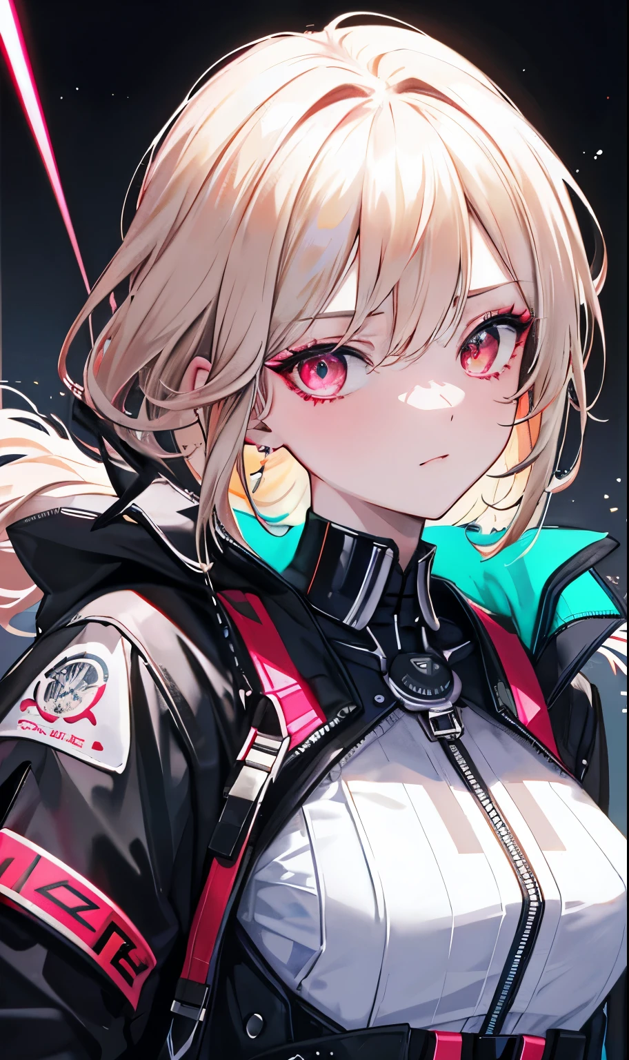 (tmasterpiece,Sideslit,Beautiful eyes:1.2),(tmasterpiece*sportrait),sportrait,bustusts),Lifelike,Anatomical correct,3D脸,luscious skin,(Solo),Blonde hair and pickaxe dyeing,Gradient hair,(closeup of face),Lovely face,(Fire opal-like scarlet eyes),Hanging eye corners,((highdetailskin,Visible pores)),(Perfect body),Beautiful cyberpunk girl,little breast,(()),((Storm jacket)),(ear studs),(Neck strap),very short gloves,(chain),A knife hanging from his chest,(Laser material clothing:1.2)