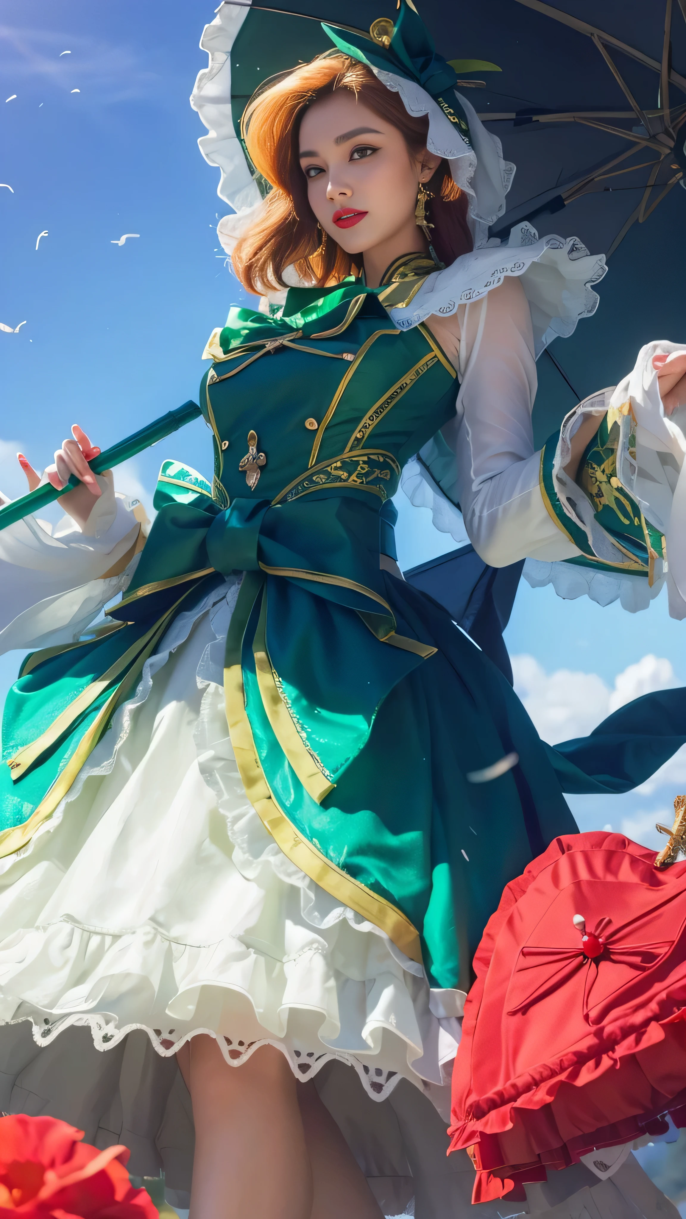 8k, very detailed, a woman in green clothes holding an umbrella, red lipstick