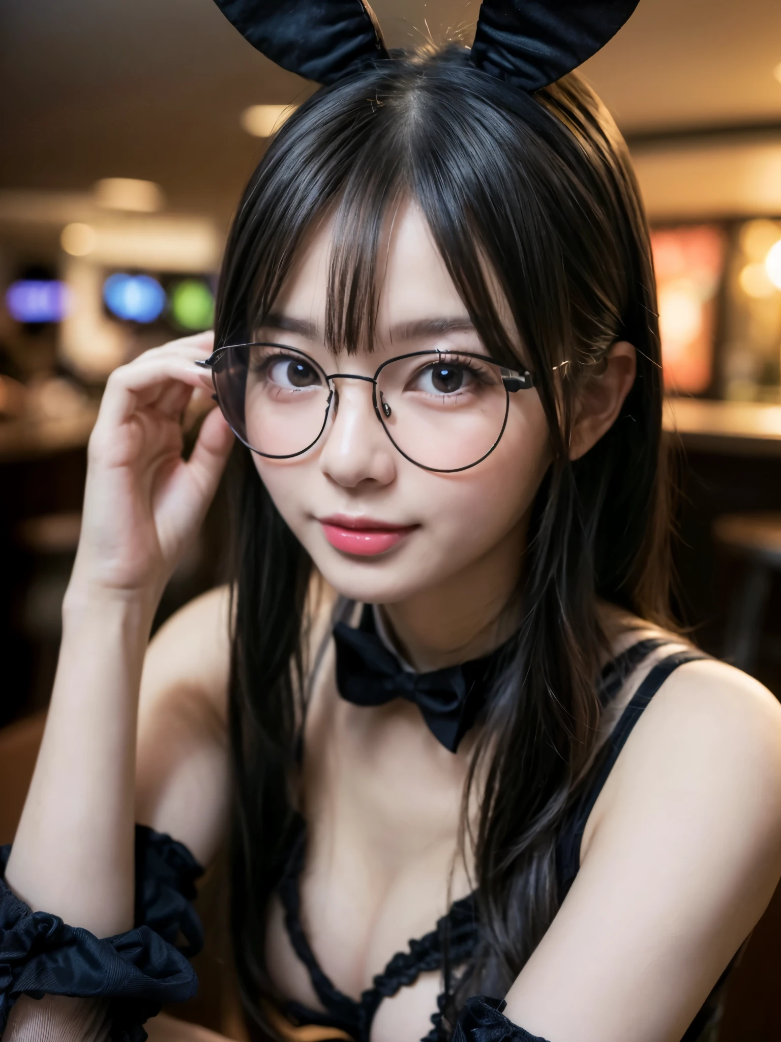 (8k, RAW photo, best quality, masterpiece, ultra detailed:1.2) (realistic:1.4) soft light, close up, 1 Japanese idol, (extremely detailed cute face, perfect eyes:1.2) (black frame glasses:1.5), detailed black hair, detailed pale skin, looking at viewer, smile (small breasts:1.4) spread legs, sexy pose, tilting head (black bunny girl cosplay:1.3) fake bunny ears (night club: 1.2) bar