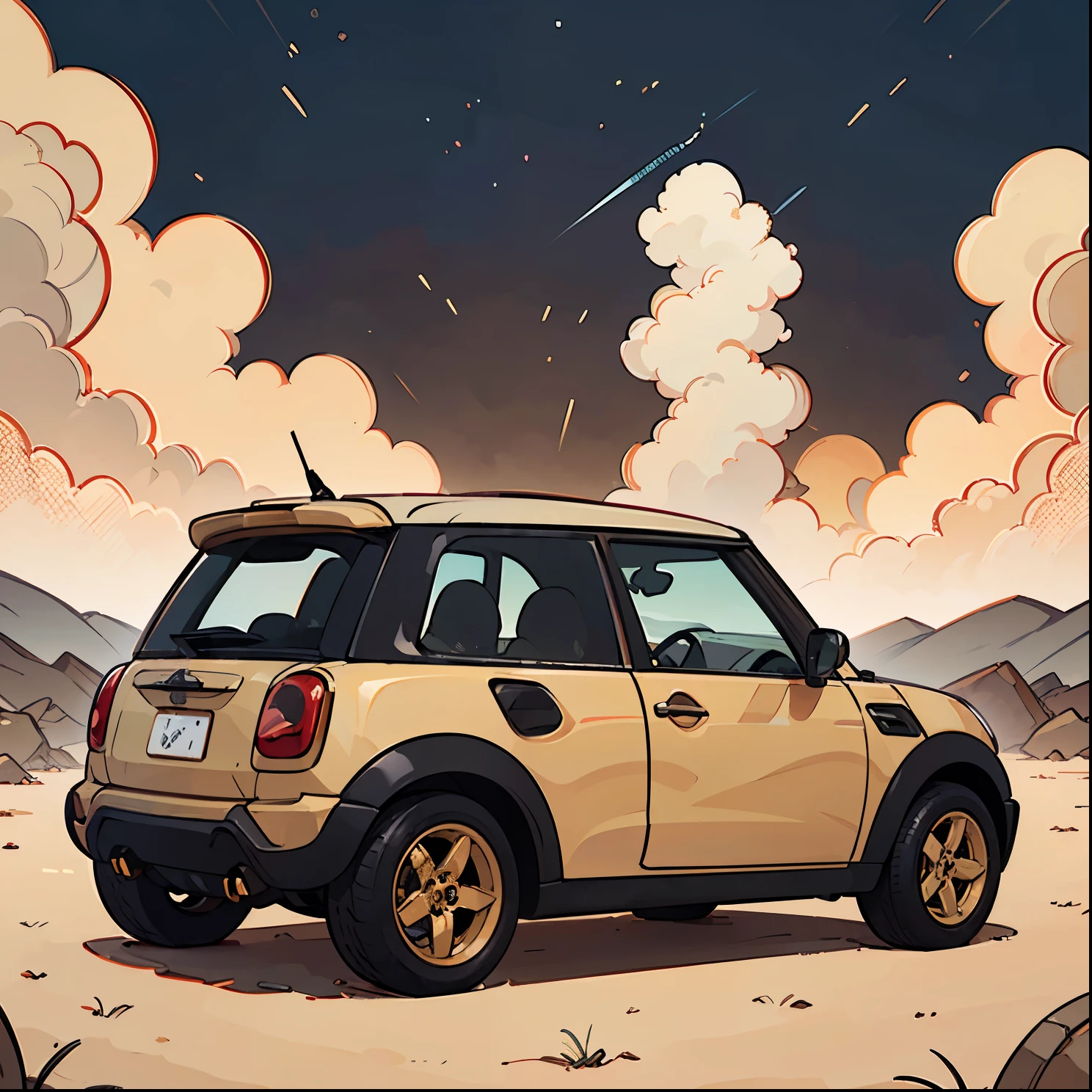 The prompt generated according to your theme is as follows:

"(best quality,4K,8K,highres,masterpiece:1.2), ultra-detailed,(realistic,photorealistic,photo-realistic:1.37) desert landscape, abandoned car, post-apocalyptic, futuristic, desolate, forgotten, twilight, unlucky, crumbling structure, dark color palette, sandy road, lonely, end of the world, powerful atmosphere, alien technology, desert wasteland." mini cooper

Please note that this prompt is just an example based on your theme, and you can adjust or modify it according to your preferences. Remember to always follow the prompt format requirements and include relevant details that will contribute to the overall image.