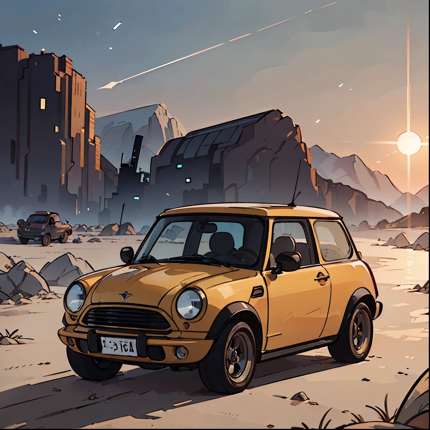 The prompt generated according to your theme is as follows:
"(best quality,4K,8K,highres,masterpiece:1.2), ultra-detailed,(realistic,photorealistic,photo-realistic:1.37) desert landscape, abandoned car, post-apocalyptic, futuristic, desolate, forgotten, twilight, unlucky, crumbling structure, dark color palette, sandy road, lonely, end of the world, powerful atmosphere, alien technology, desert wasteland." mini cooper
Please note that this prompt is just an example based on your theme, and you can adjust or modify it according to your preferences. Remember to always follow the prompt format requirements and include relevant details that will contribute to the overall image.