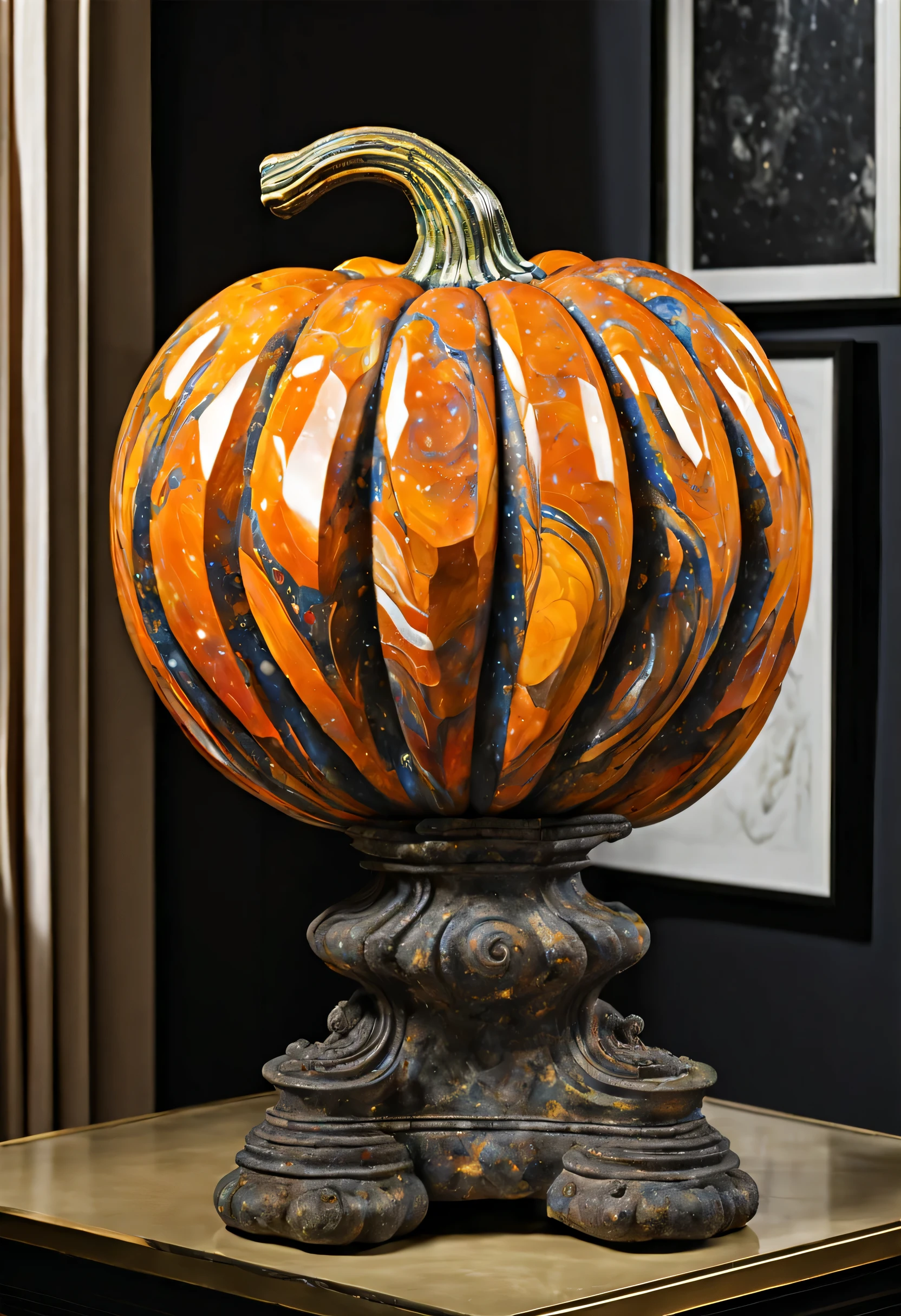 in the steel pumpkin, marble of skeuomorphism pumpkin carving, float out of marble color glow smoke, intricate detail, hyper real, insane rococo design, cyber ​​fairy grunge inspired, intricate detail, snow coating flower. extreme fine carvings, stunning intricate and insane of dark fantasy, side face of wolf, dim-glow of detail eyes, intricate and insane design, sophisticated carving, realism, tonalism, rayonism, crisp clarity that  unmatched, professional art work, breathtaking masterpiece, sharpness and clarity unmatched, (((radiosity rendered in stunning 32k beautiful resolution:1.3))), all captured in sharp focus, highest quality, highly quality, best quality, top quality, absurd detail rendering,
