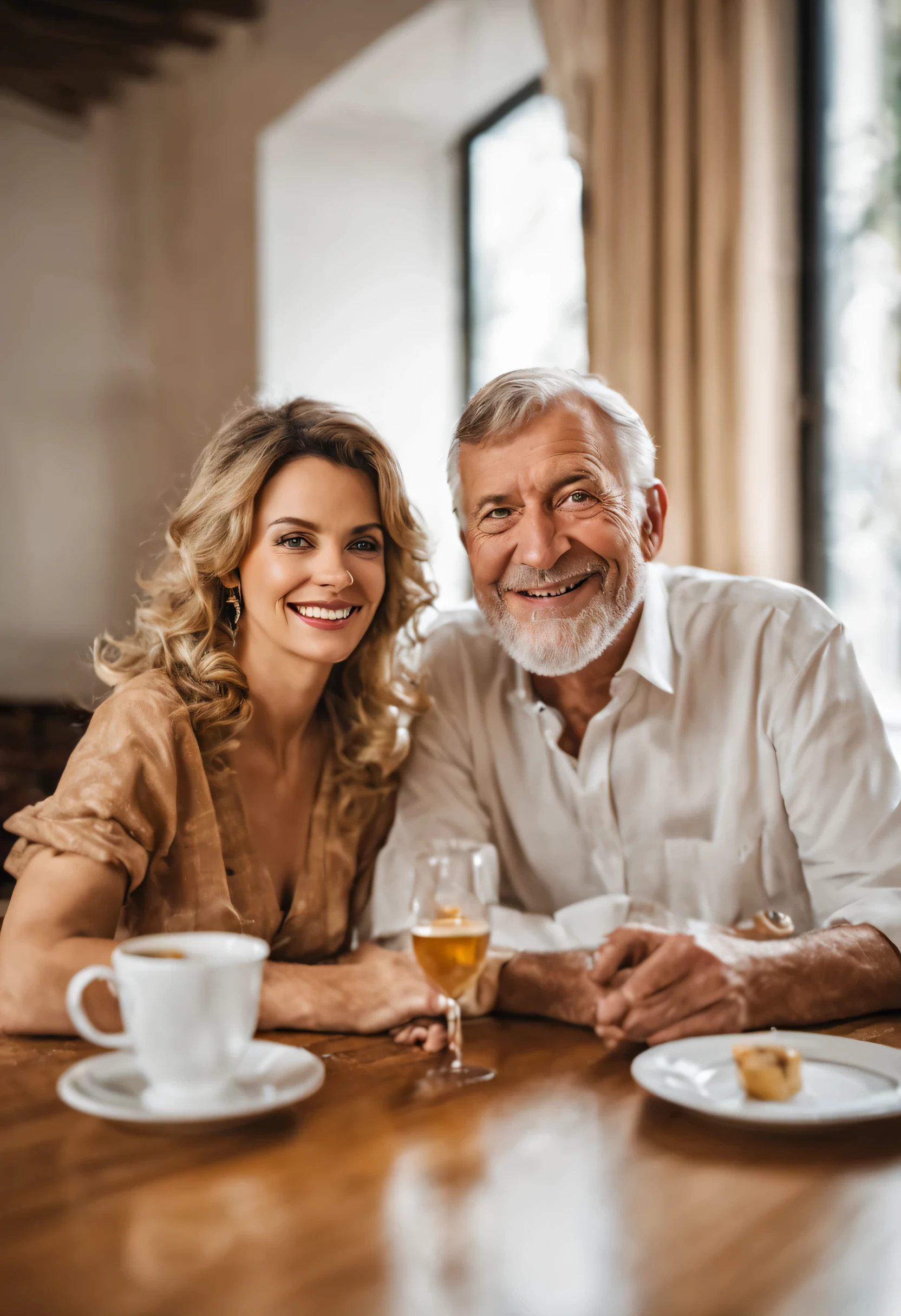 they are sitting at a table with a 55 year old man and a beautiful woman, a portrait by Stefan Gierowski, shutterstock, renaissance, smiling couple, portrait of two people, stock photo, couple portrait, 50mm portrait, 60mm portrait, portrait shot, 7 0 mm portrait, couples portrait, photo still, stock image, happy couple, advertising photo, color photo