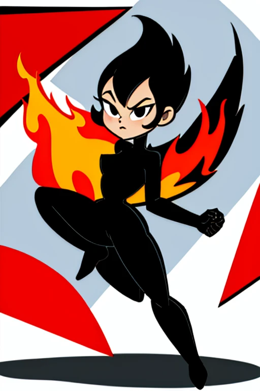 Short hair, black hair, black jumpsuit, cartoon style, black eyes, 1 girl, solo, full body, burning fire background