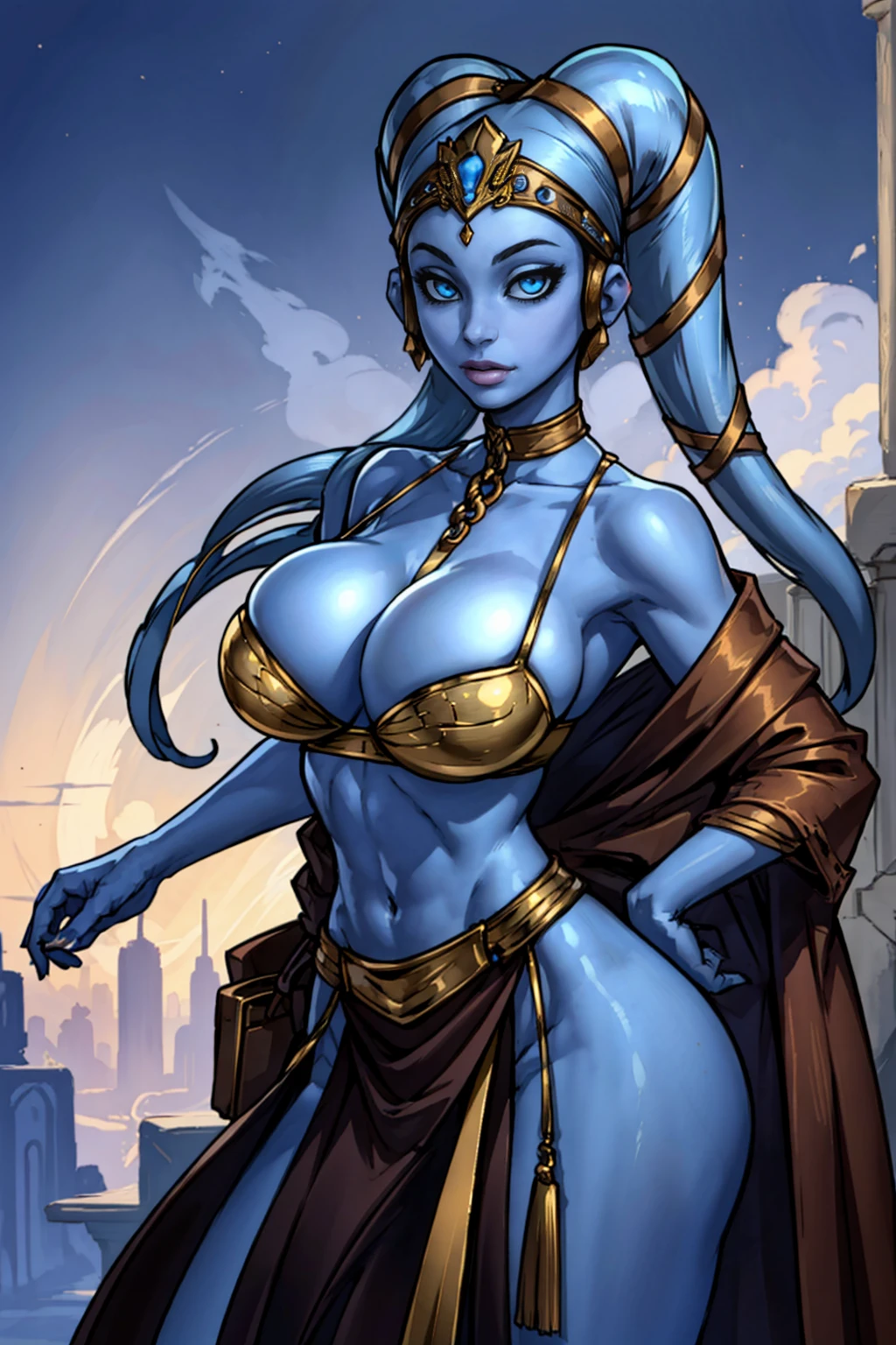 (masterpiece:1.2, best quality:1.2, beautiful, high quality, highres:1.1, aesthetic), detailed, extremely detailed, ambient soft lighting, 4K, perfect eyes, perfect face, perfect lighting, 1girl, (((blue skin)), twi'lek), (gold metal bikini, gold, ornate metal bra, criss cross straps, metal lace, gemstones, silver jewelry, long skirts, choker, armlets, pelvic curtain, silkusty), slender body, thin, slim , slim waist, (((gigantic breastig cleavage, skindentation))), Imperial city, Star Wars,