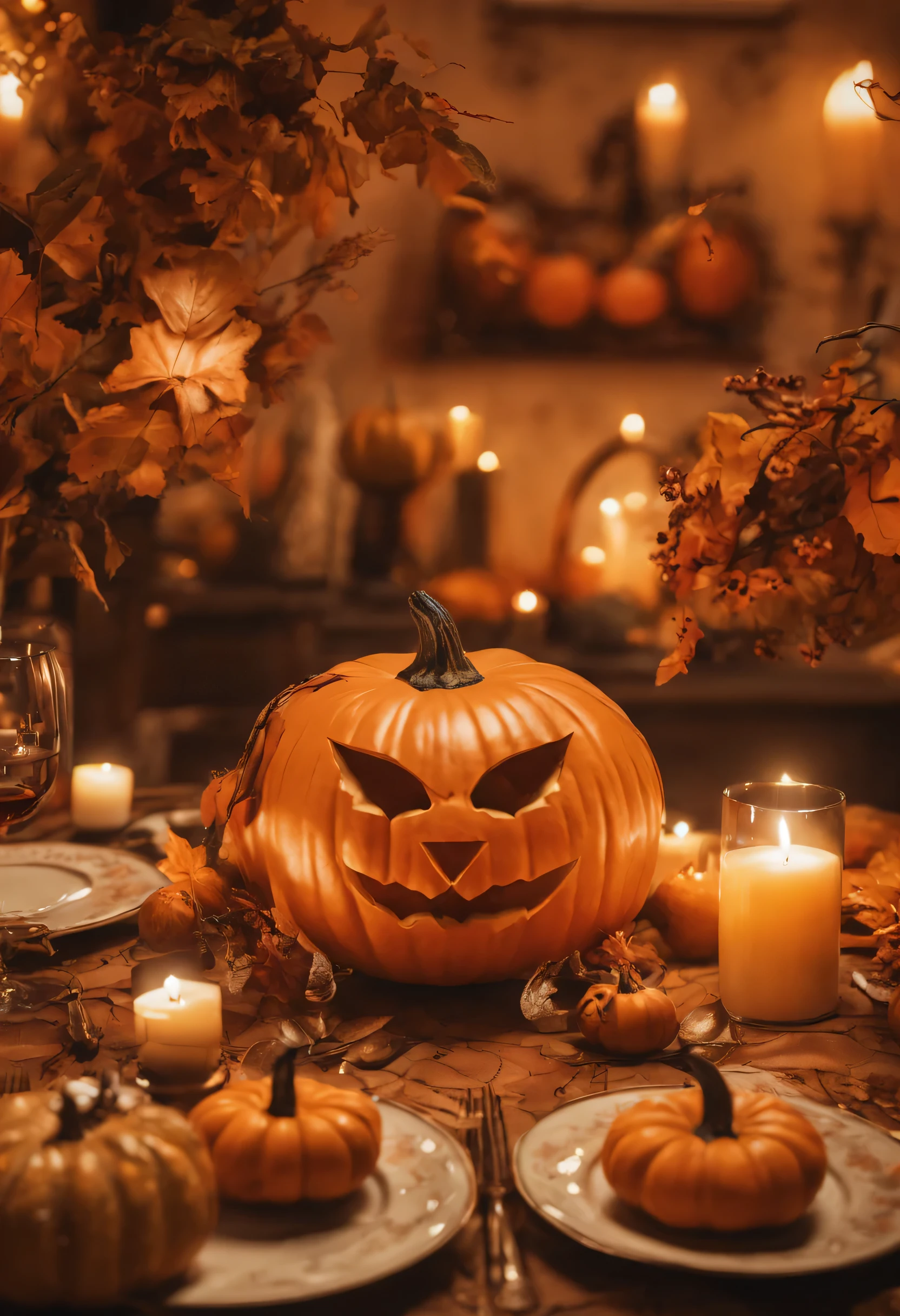 (best quality,highres:1.2),brightly lit table covered with many pumpkins,pumpkins carved with intricate and creative designs,one pumpkin with a meticulously carved Sailor Moon face,pumpkins of various sizes,colorful pumpkins with vibrant hues,table adorned with autumn leaves and decorative candles,soft warm light illuminating the scene,beautifully detailed tablecloth adding a touch of elegance,crisp autumn atmosphere,gorgeous and eye-catching centerpiece,pumpkins arranged in an aesthetically pleasing manner,impressive attention to detail in the pumpkin carvings