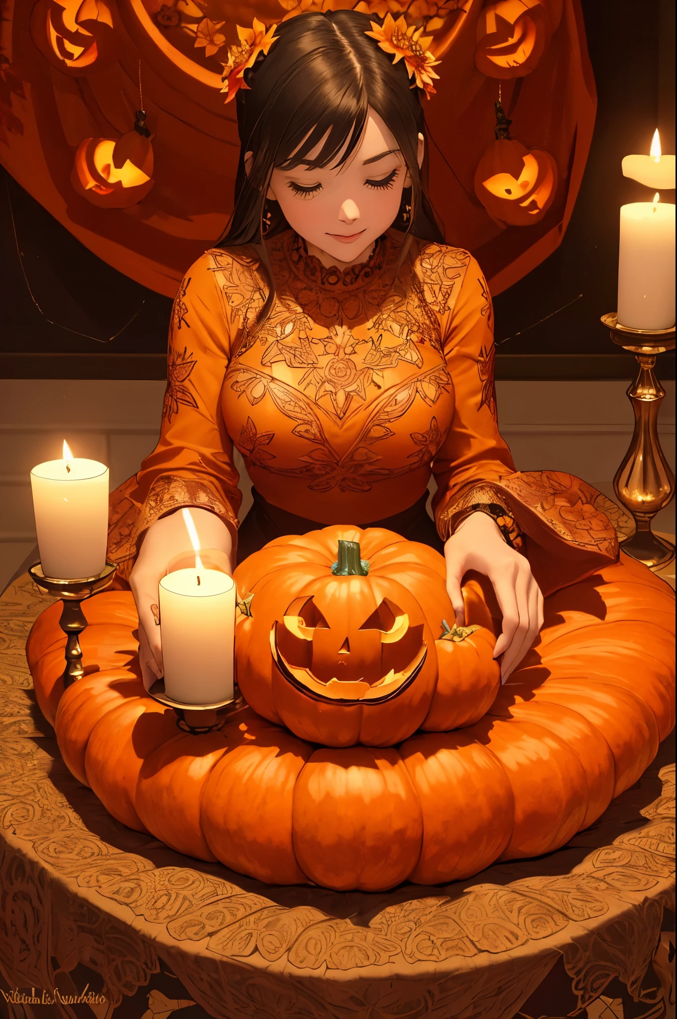 (best quality,highres:1.2),brightly lit table covered with many pumpkins,pumpkins carved with intricate and creative designs,one pumpkin with a meticulously carved Sailor Moon face,pumpkins of various sizes,colorful pumpkins with vibrant hues,table adorned with autumn leaves and decorative candles,soft warm light illuminating the scene,beautifully detailed tablecloth adding a touch of elegance,crisp autumn atmosphere,gorgeous and eye-catching centerpiece,pumpkins arranged in an aesthetically pleasing manner,impressive attention to detail in the pumpkin carvings
