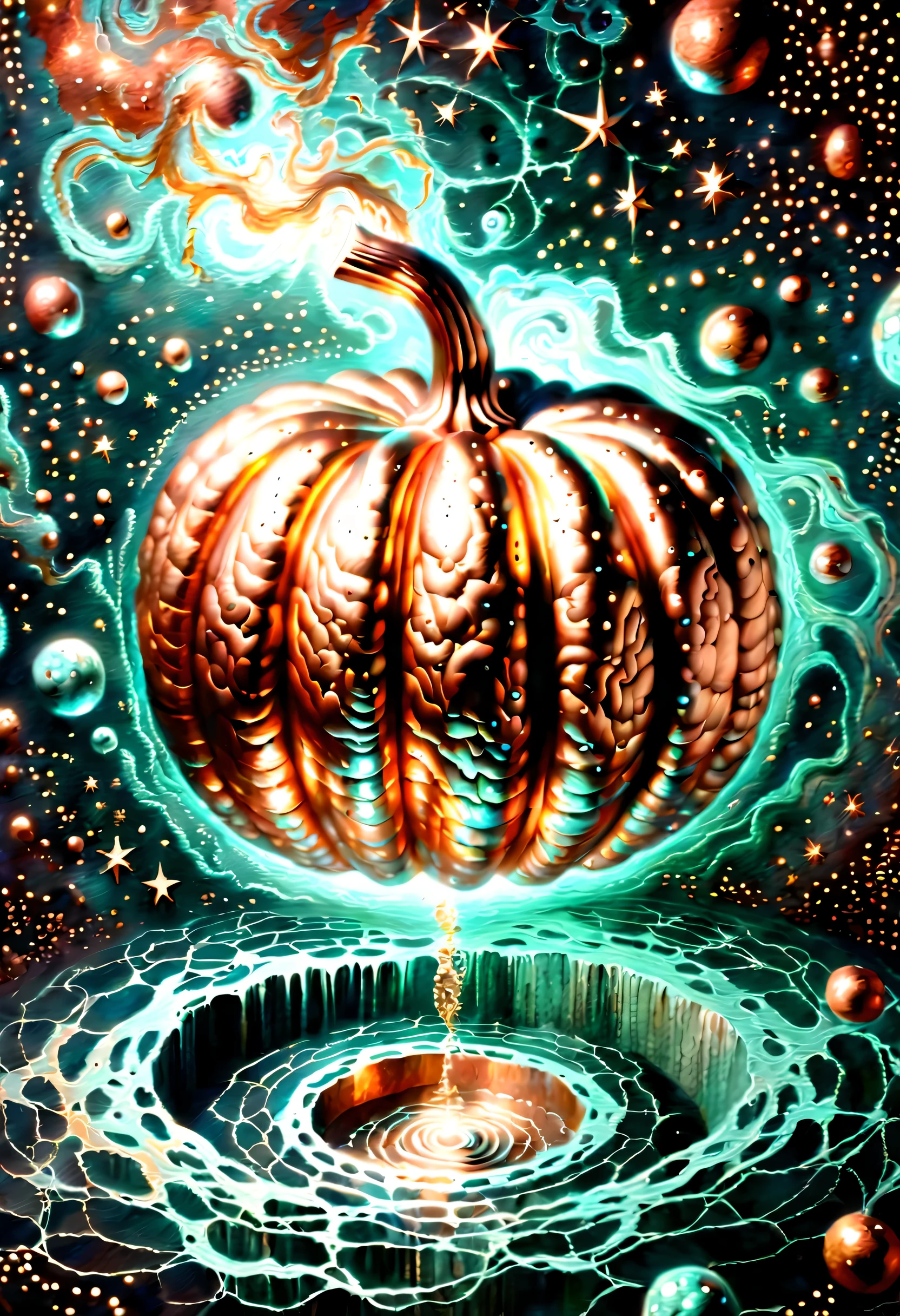 three dimensional copper pumpkin, reality, gouache, grunge, in the mysterious space, astral universe, intricate detail, extremely detail, in the water world, tonal contrast, glowing, 