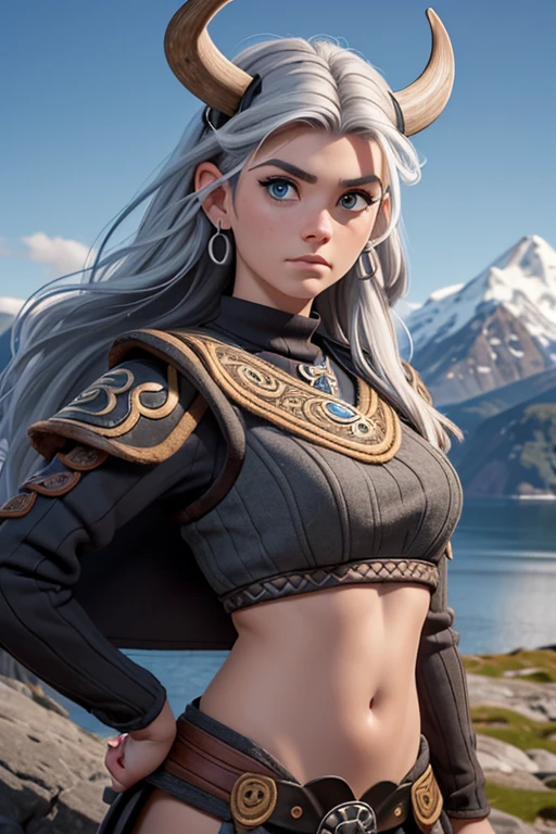 obra maestra, 20 year old Norwegian girl, pelo negro, pelo trenzado vikingo, (disfraz de guerrero vikingo:1.4), pechos medianos, blue-gray eyes, ojos muy detallados, very pale skin, gritando, detalles locos, Realista, cara detallada, Pintura facial, textura de piel detallada, brutal, difficult , determinado, ultra high resolution.photoRealista:1.4, HD, Toma de cuerpo completo, beautiful norwegian fjord early morning background, Soft lighting