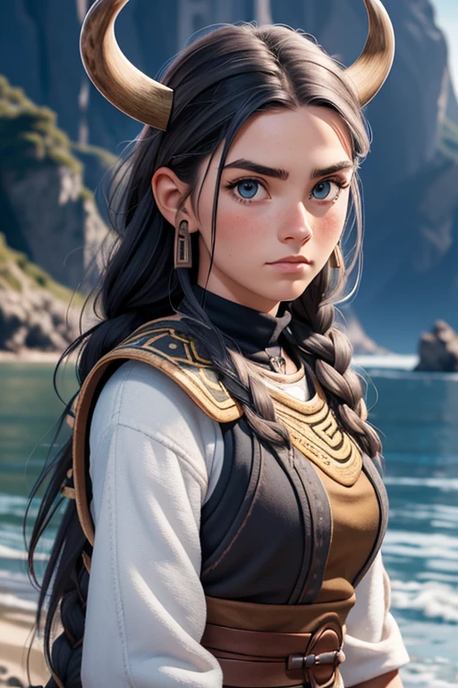 obra maestra, 20 year old Norwegian girl, pelo negro, pelo trenzado vikingo, (disfraz de guerrero vikingo:1.4), pechos medianos, blue-gray eyes, ojos muy detallados, very pale skin, gritando, detalles locos, Realista, cara detallada, Pintura facial, textura de piel detallada, brutal, difficult , determinado, ultra high resolution.photoRealista:1.4, HD, Toma de cuerpo completo, beautiful norwegian fjord early morning background, Soft lighting