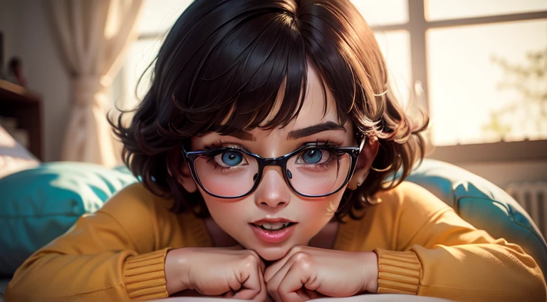 High Definition, calidad 8K, obra maestra, Velma, (1 chica, solo chica) Dream Girl, pechos enormes, Hermoso rostro, besar los labios, peinado recto bob corto, flequillo largo, maquillaje perfecto, cara realista, ojos detallados, Ojos verde jade, By the chestnut, eyelashes, dormitorio, acostado en la cama, ojos al espectador, ((orange sweater)), abrigo de cuello alto, gafas con lentes transparentes, ((falda roja)), Falda de colegiala, excited mood, cuerpo completo,