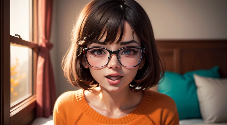 High Definition, calidad 8K, obra maestra, Velma, (1 chica, solo chica) Dream Girl, pechos enormes, Hermoso rostro, besar los labios, peinado recto bob corto, flequillo largo, maquillaje perfecto, cara realista, ojos detallados, Ojos verde jade, By the chestnut, eyelashes, dormitorio, acostado en la cama, ojos al espectador, ((orange sweater)), abrigo de cuello alto, gafas con lentes transparentes, ((falda roja)), Falda de colegiala, excited mood, cuerpo completo,