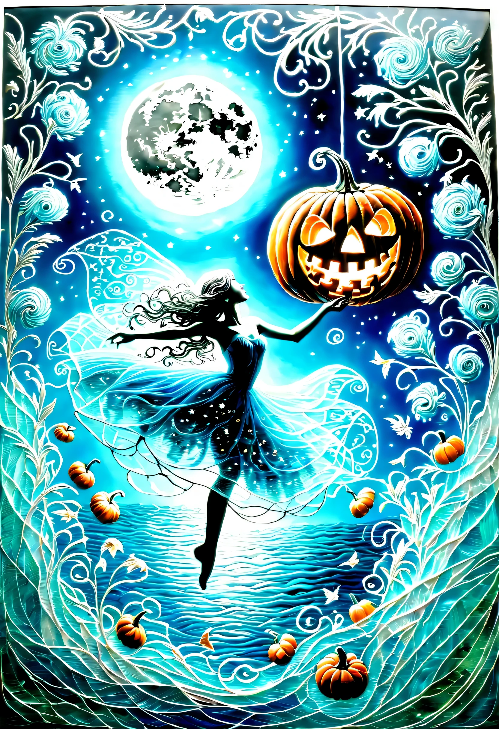 moonlight, the sound of the wind fairy, (fantastic etching of glass carving pumpkin:1.3), (aquatint:1.3), blue water and dim black color back-glow, oppressive romantic representation, beyond the captive girl, early wind  gently wrap around, fantastic atmosphere wrapped mysterious world, dark fantasy carousel, dim glow particle of around dance, beautiful flowing scenery, true paradise  vision, petals flying around in a chaotic dance, with soft brushstrokes and dreamy colors. on the azure glass canvas,