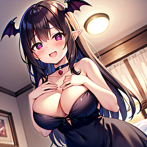 cute face Angle from directly below big breasts pose of temptation、laughter charm Rear angle choker Cute Dresses vampire princess room bed little bat flying in the middle of the night Pose with your chest sticking out