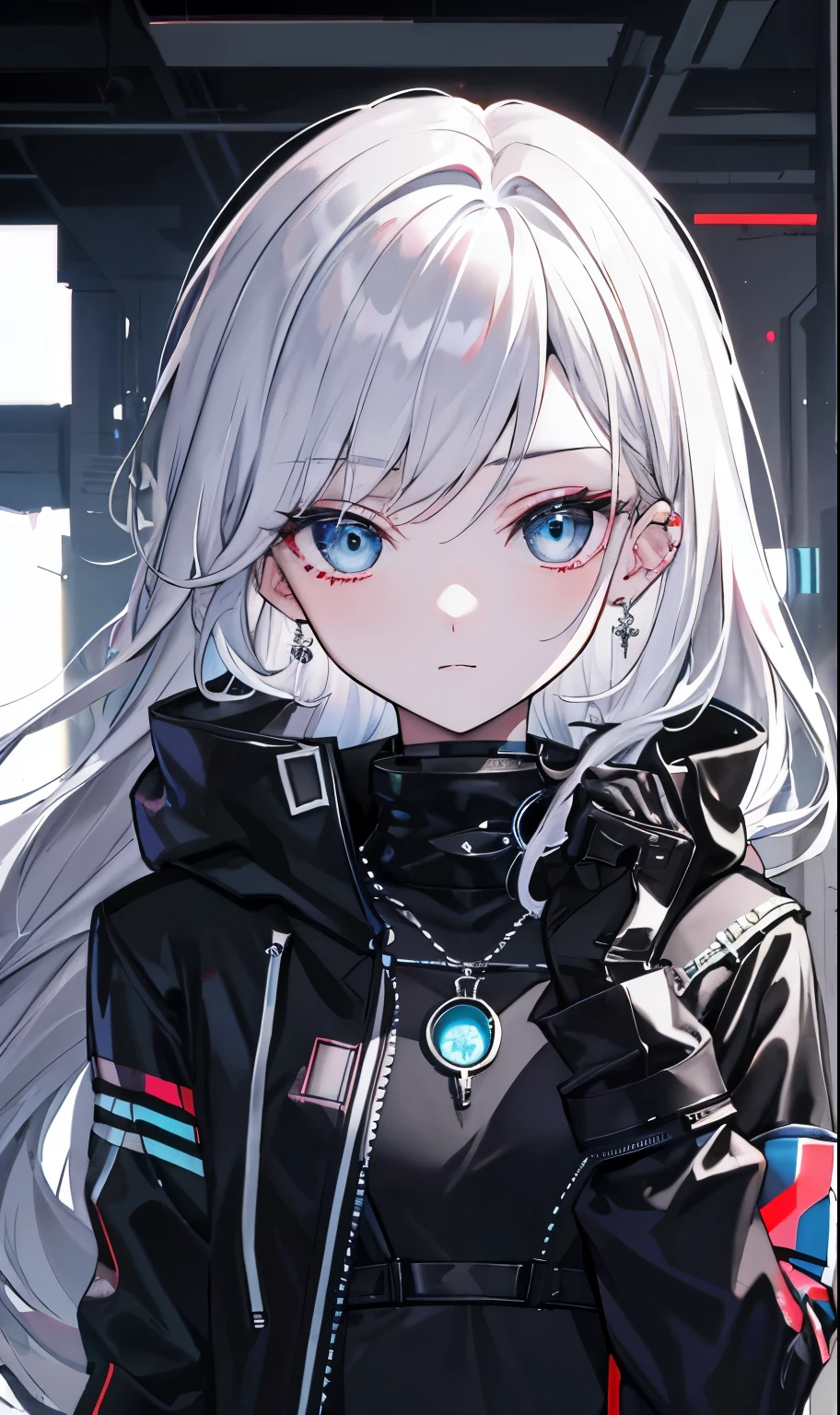 （tmasterpiece，Sideslit，Beautiful eyes：1.2），（tmasterpiece*sportrait），sportrait，bustusts），Lifelike，Anatomically correct，3D脸，luscious skin，（Solo），long Silver hair and pickaxe dyeing，Gradient hair，（closeup of face），Lovely face，Hanging eye corners，（（highdetailskin，Visible pores）），（Perfect body），Beautiful cyberpunk girl，little breast，（（）），（（Storm jacket）），（ear studs），（Neck strap），very short gloves，（chain），A knife hanging from his chest，（Laser material clothing：1.2）