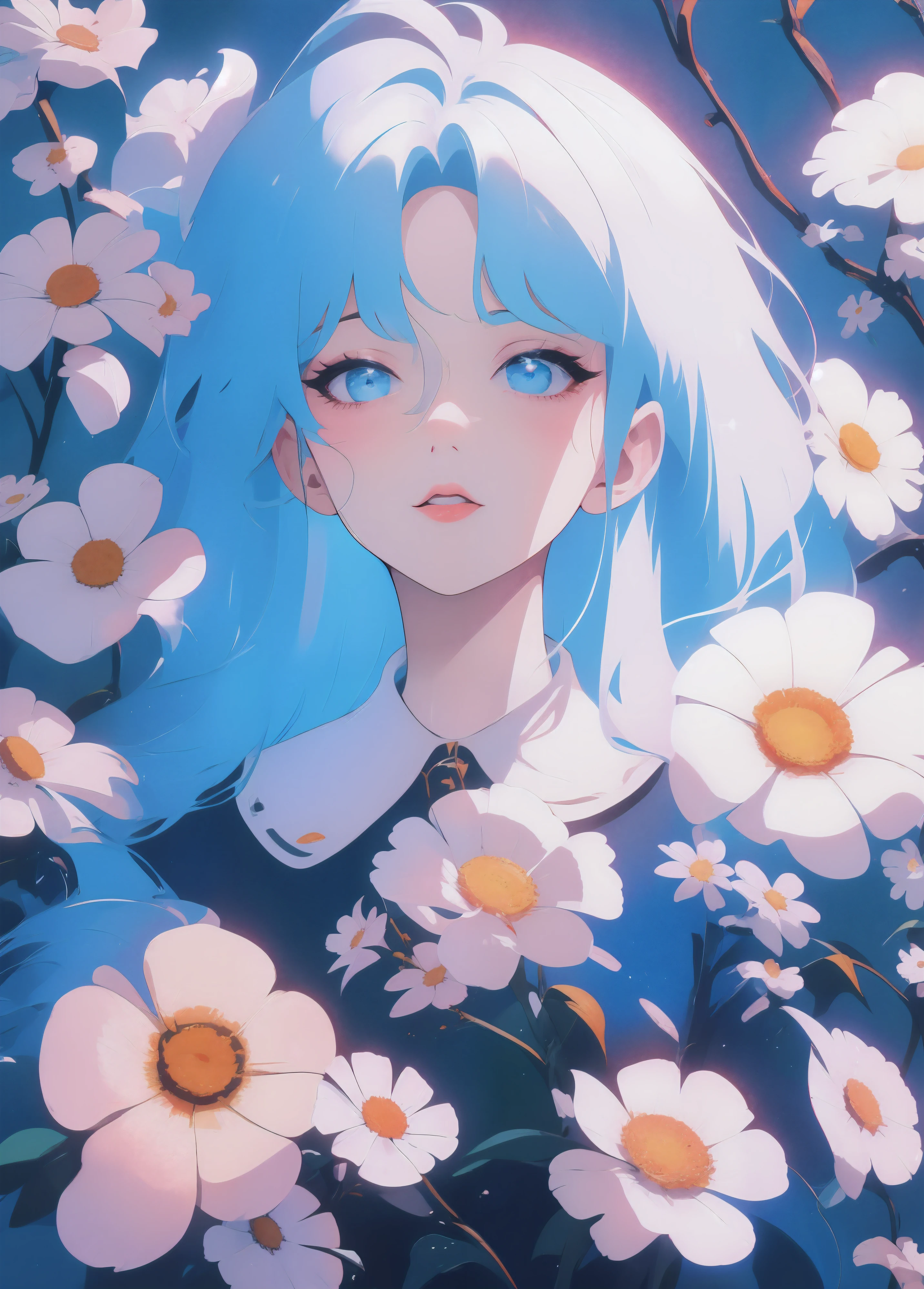 small daisies。rich and colorful, blue sky, no humans, mountains in the distance, HD details, Ultra-detailed, movie lighting, Surreal, soft light, Deep focus bokeh, Ray tracing, Surreal. , Art Station pixiv Gwise, Xinhaincere, artistic sprout