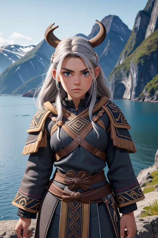 obra maestra, 20 year old Norwegian girl, pelo negro, pelo trenzado vikingo, (disfraz de guerrero vikingo:1.4), pechos medianos, blue-gray eyes, ojos muy detallados, very pale skin, gritando, detalles locos, Realista, cara detallada, Pintura facial, textura de piel detallada, brutal, difficult , determinado, ultra high resolution.photoRealista:1.4, HD, Toma de cuerpo completo, beautiful norwegian fjord early morning background, Soft lighting