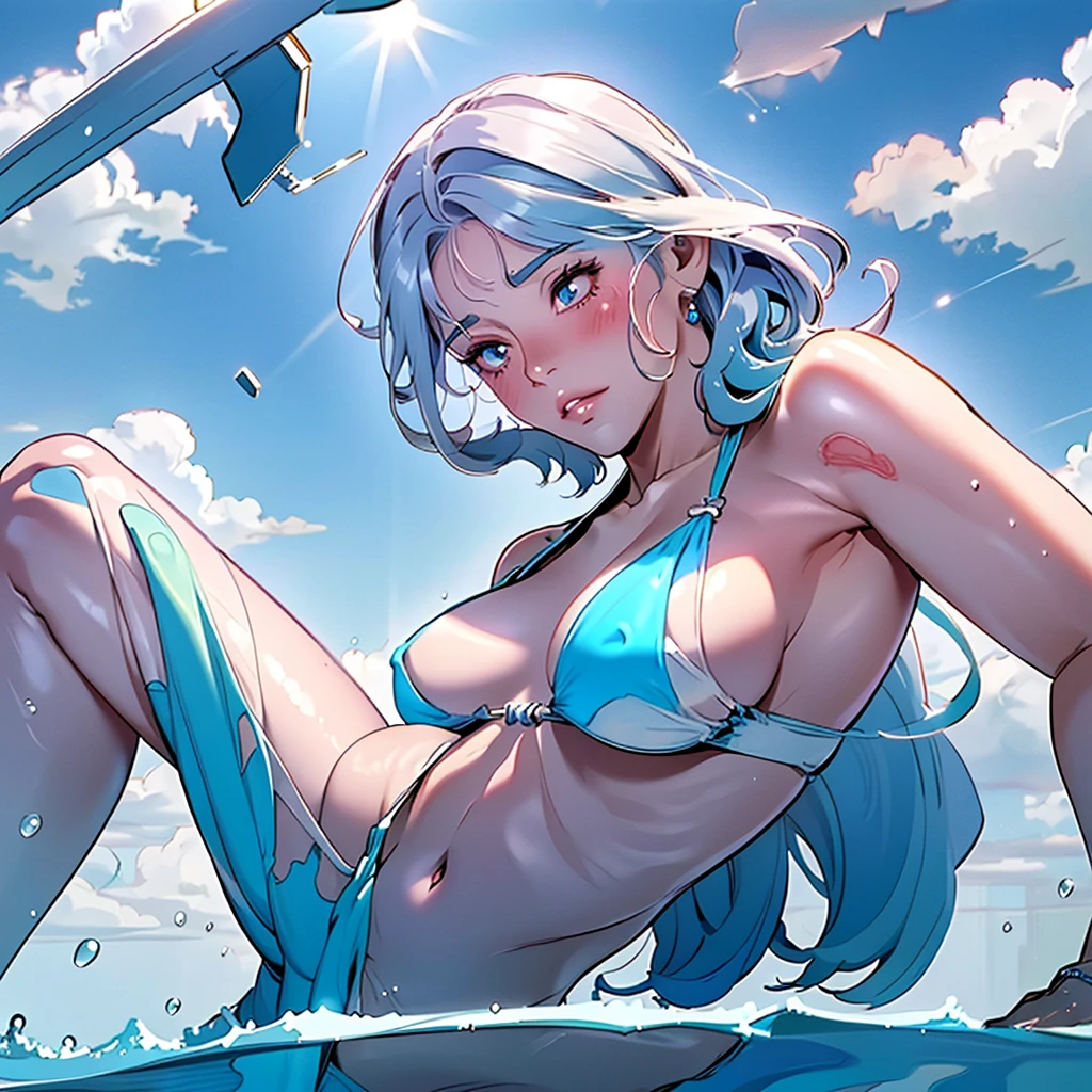 A surreal rendering of a milfy-girl in a sheer-croptop-bikini, with shining-body from water-sunlight smooth colors blending together in a dreamlike haze. croptop with sheer clothing translucent fabric, surrounded by soft silky paint, silky lighting in windbreakerstyle