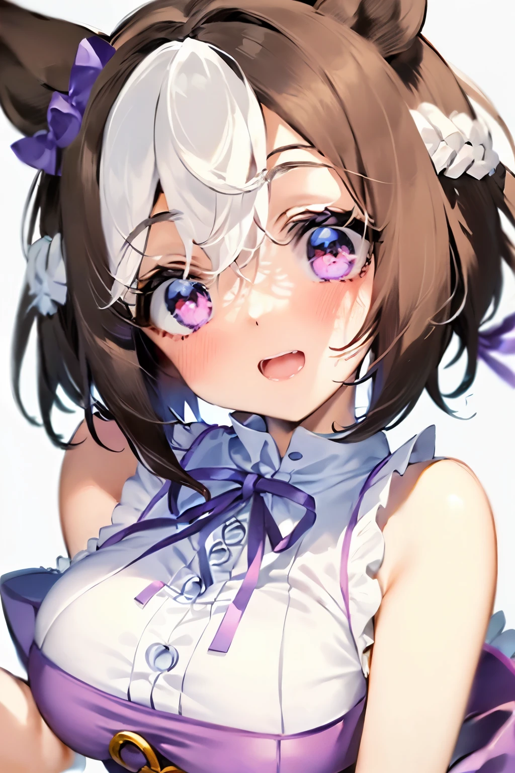 special_week_\(Umamusume)、bow ribbon、bow ribbon、bow ribbon、corsets、Fluffy breasts、nursing、toppless、teats、The upper part of the body、(Refers to the viewer:1.3)、Happiness、(White background:1.5)、(front-facing view:1.3)
