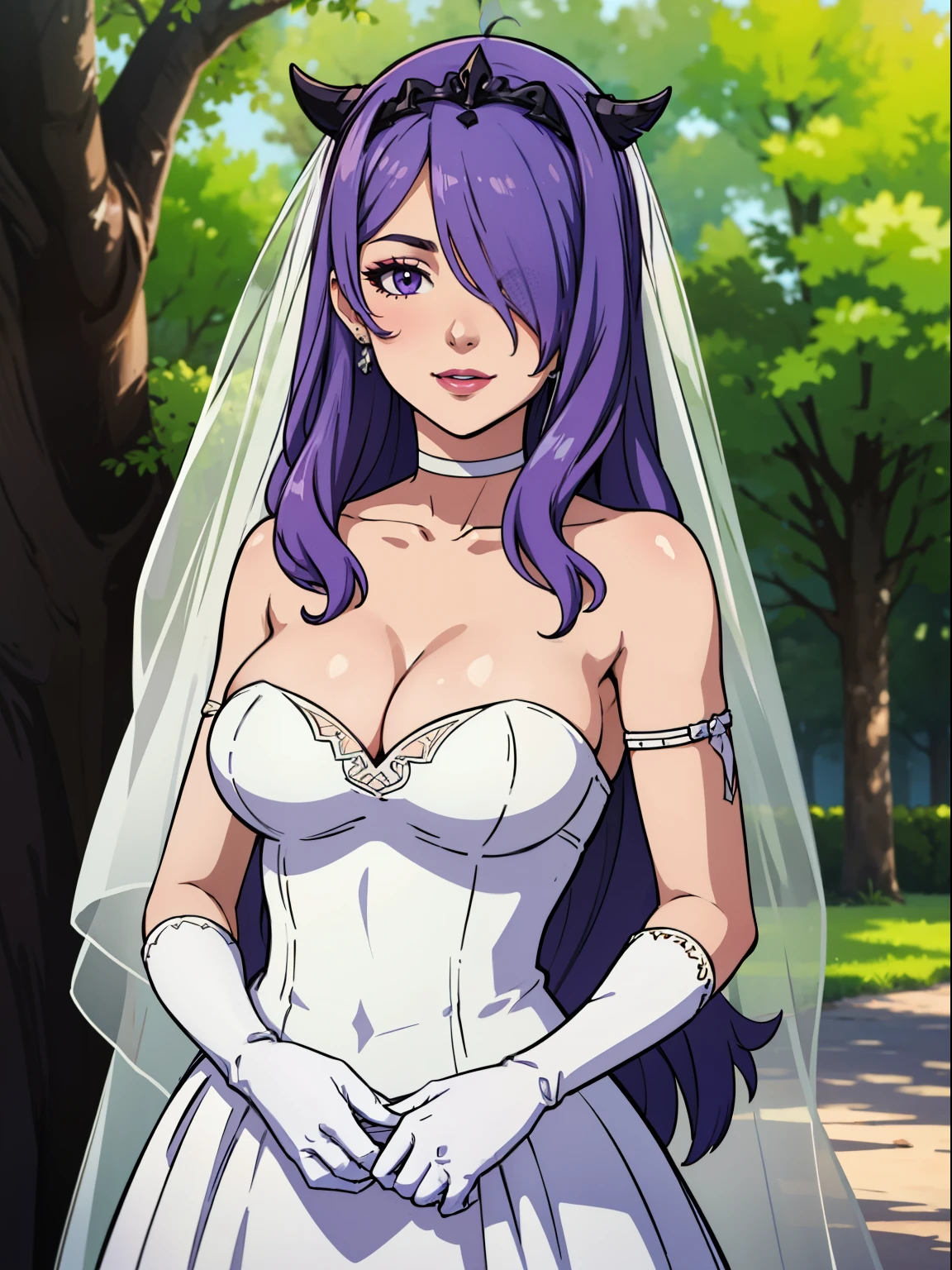 defCamilla, tiara, ,earrings ,lipstick, eye shadow, heavy makeup, hair between eyes, ahoge, hair ornament, gloves, dress, cleavage, bare shoulders, collarbone, white oprea gloves, white gloves, white dress, strapless, white choker, tiara, veil, strapless dress, wedding dress, bridal veil, beautiful woman, perfect body, perfect breasts, wearing a wedding dress, ball gown, in the park trees, wedding decorations, looking at the viewer, warm smile, realism, masterpiece, textured skin, super detail, high detail, high quality, best quality, 1080p,