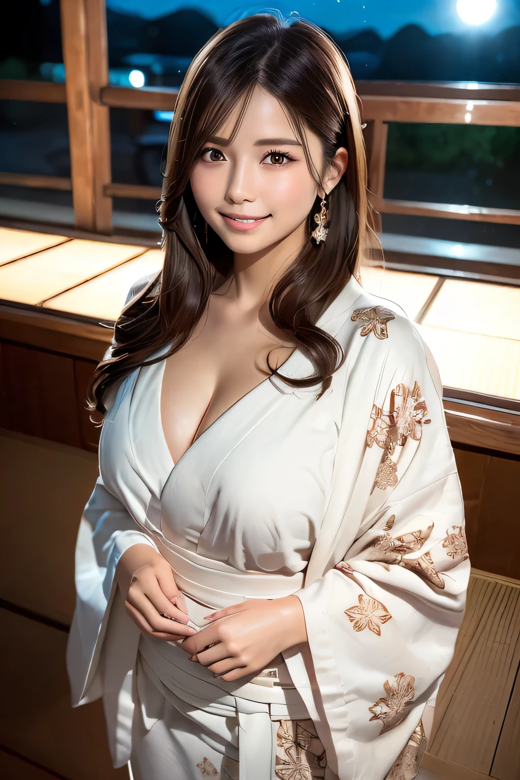 (masterpiece:1.3), High resolution, Super detailed, Highly detailed CG Unity 8K wallpaper, realistic, photo-realistic, RAW photo, beautiful detailed face, white skin, realistic glistening skin, fine cloth texture, detailed hair texture, perfect body, beautiful face, Accurate, anatomically correct, Highly detailed face and skin texture, natural neck length, (beautiful hand air skin:1.2), thin legs, thin legs,
break,
fine eyes, symmetrical eyes, light brown eyes, double eyelid, thin eyebrows, (glossy lips:1.4), ((smile gently:1.2)), (blush:1.1),
break,
(very cute girl:1.3), (When I looked up while wearing a yukata,:1.2),
middle~Large breasts, (slender body shape:1.1), toned abdominal muscles,
(dark blonde hair, wavy hair, long hair:1.2), ((asymmetrical bangs:1.2)),
break,
((elegant posture:1.3)),
((On a wide overnight ride in Kyoto:1.4)), (cowboy shot:1.2), looking at the viewer, from before:0.65,