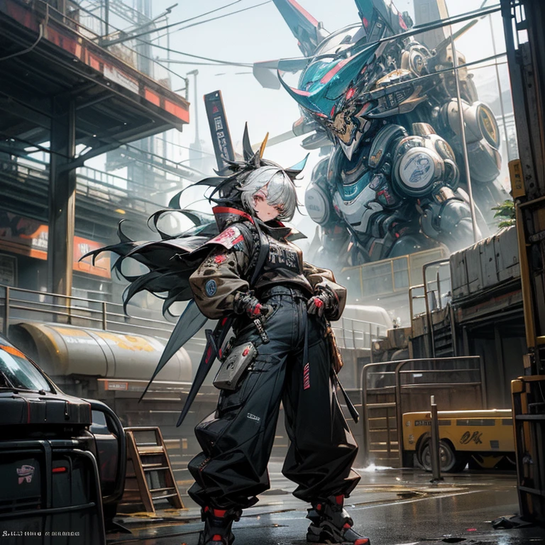 Chica de anime en pantalones cortos y chaqueta de pie junto a un robot gigante, obra de arte al estilo de guweiz, chica anime cyberpunk mech, tendencia en cgstation, guweiz, por Russell Dongjun Lu, arte digital del anime cyberpunk, ross tran 8k, guweiz en artstation pixiv, girl with mecha cybernetic armor