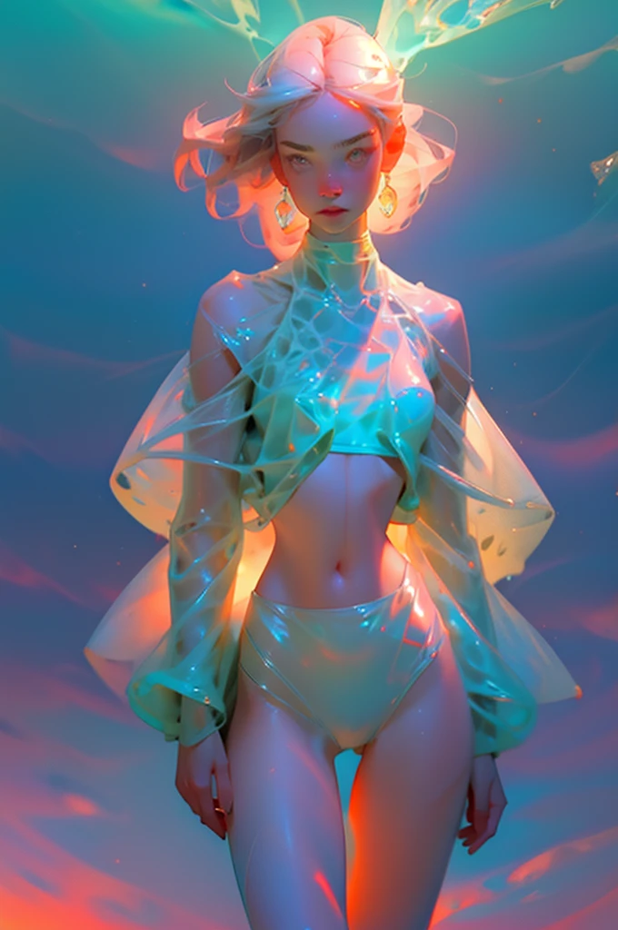 A surreal rendering of a milfy-girl in a sheer-croptop-bikini, with shining-body from water-sunlight smooth colors blending together in a dreamlike haze. croptop with sheer clothing translucent fabric, surrounded by soft silky paint, silky lighting in windbreakerstyle