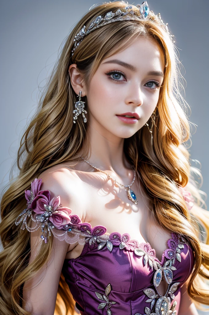 ((RAW shooting:1.5, realistic:1.5, 8K, highest quality, masterpiece, ultra high resolution)), Inside the luxurious British Royal Palace, professional camera work:1.3, Highly detailed skin and facial textures:1.3, glow light effect, Super detailed:1.3, cute 15 year old british princess, Fair skin, Glossy skin, (elegant:1.4, small face), Ultimate Cute Face:1.5, (Clean eyes:0.9, looking far away), smile:1.0, (mouth is slightly open:0.4, Clean and refreshing taste:0.7), double eyelid, ((super long blonde curly hair)), tiara, necklace and earrings, ((elegantで光沢のあるサテンのプリンセスドレスをオフショルダーで正しく着こなす方法)), big breasts, cowboy shot