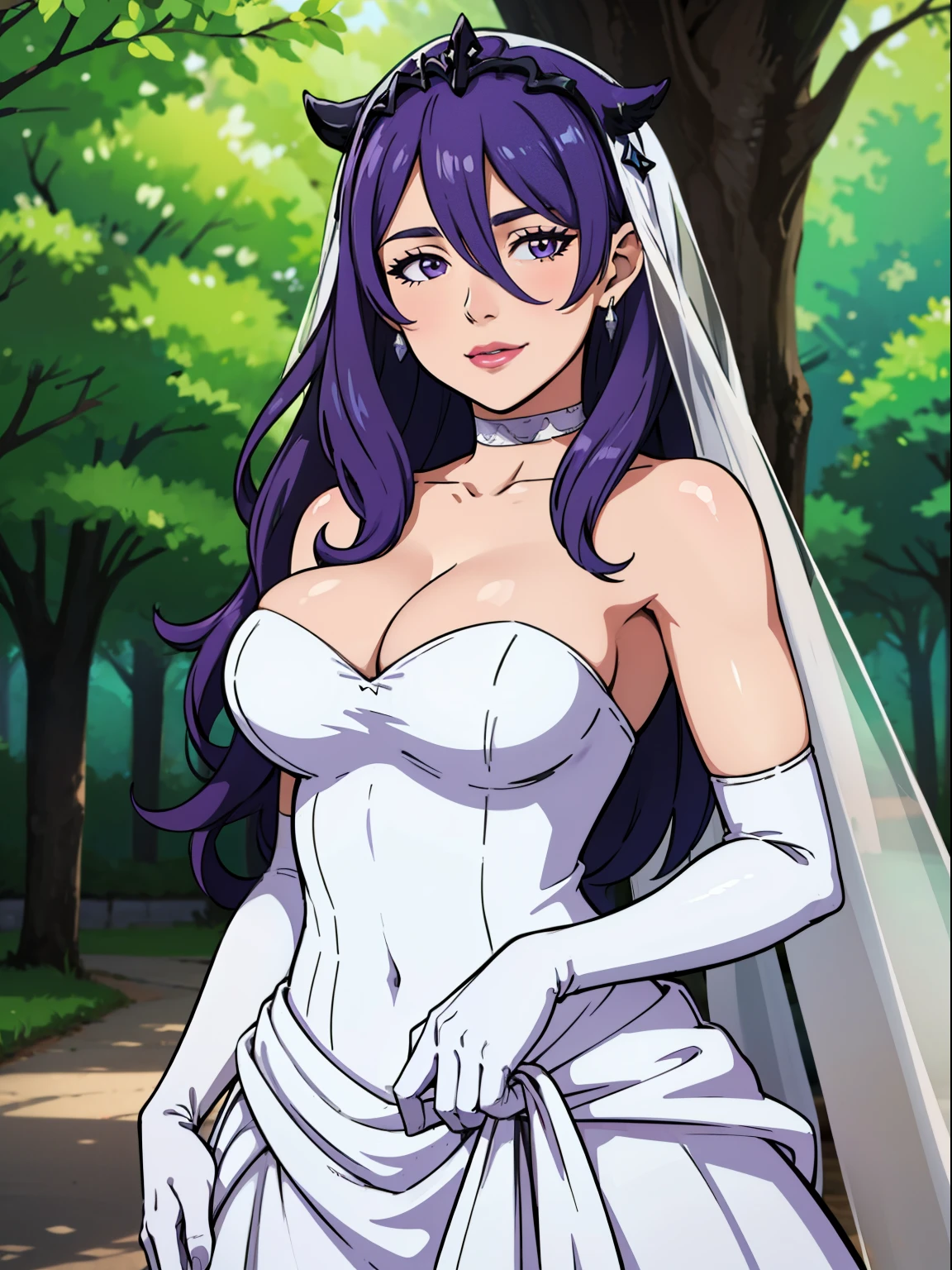 defCamilla, tiara, ,earrings ,lipstick, eye shadow, heavy makeup, hair between eyes, ahoge, hair ornament, gloves, dress, cleavage, bare shoulders, collarbone, white oprea gloves, white gloves, white dress, strapless, white choker, tiara, veil, strapless dress, wedding dress, bridal veil, beautiful woman, perfect body, perfect breasts, wearing a wedding dress, ball gown, in the park trees, wedding decorations, looking at the viewer, warm smile, realism, masterpiece, textured skin, super detail, high detail, high quality, best quality, 1080p,