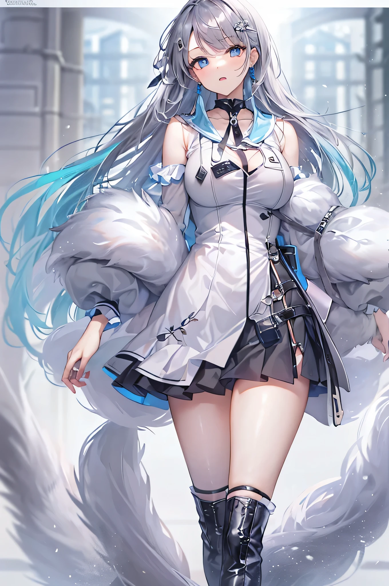 Masterpiece, highly  detailed, Ultra-detailed, Cold, Solo, (1girll), (Pale skin), ice-blue-eyes, Frosty gray hair, Cool Chara, Flat face, Young Lady, Lady Chara, medium boob, Arrogant, self-assured, Cold face, Goddess, Cool Kudre girl, (Snowy background), snowflower, (Frozen flowers:0.5), (Calm expression), (Sparkling ice crystals), (modern casual clothing), (Snow-covered ground), (Smile:0.8)