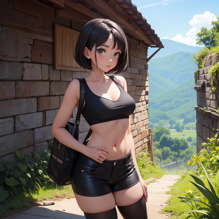 Cute girl green eyes short hair in the mountains