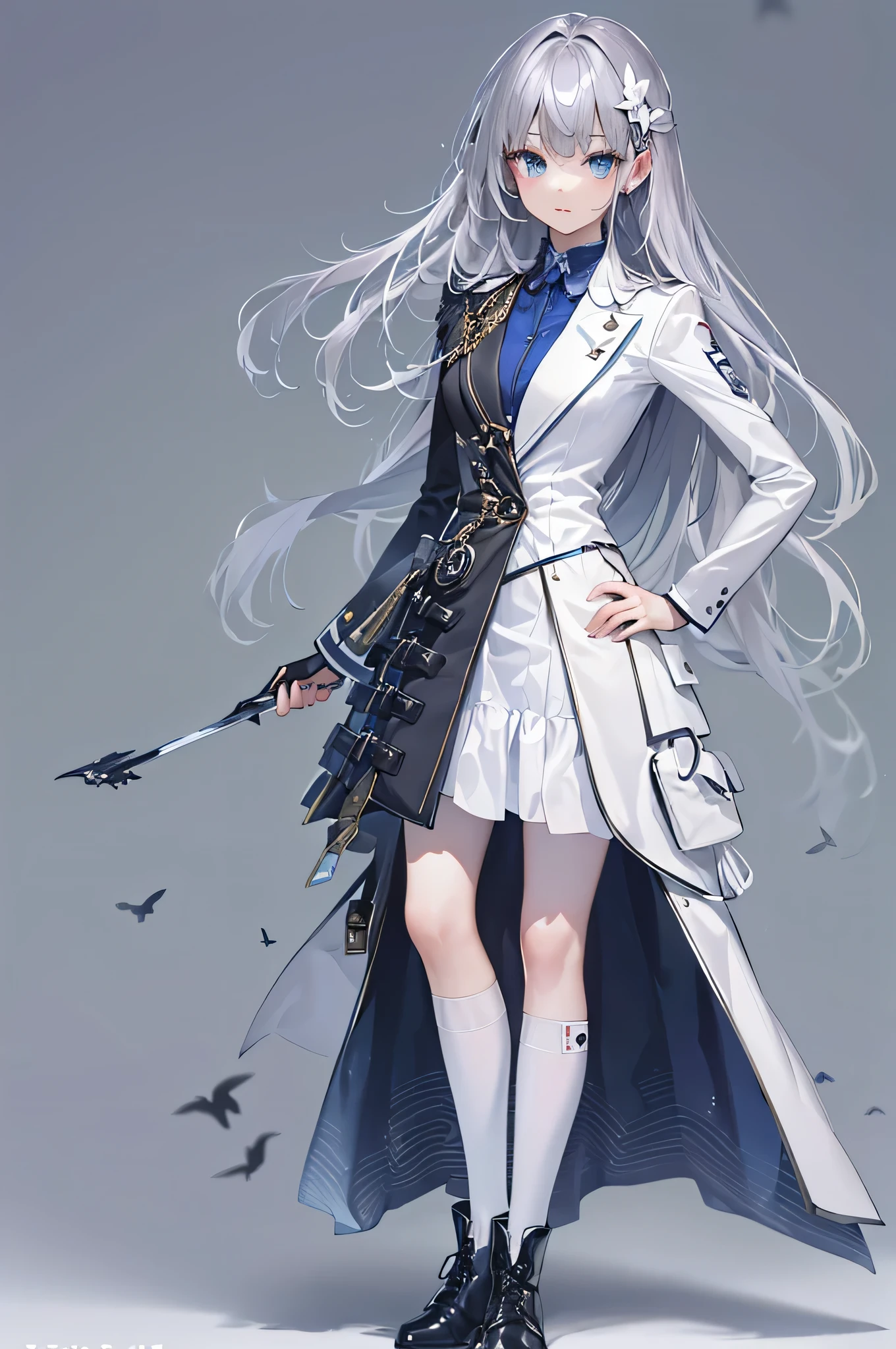(debris flies, highest quality, ultra high resolution),1 girl,suit , beautiful and detailed face, fine eyes,((Gray and Blue theme)),((whole body)),perfect eyes、no background,white background,((wearing black boots)),((Cute fluffy white dress)),Isshiki、model、beautiful thin legs、slender body,スーパーmodel