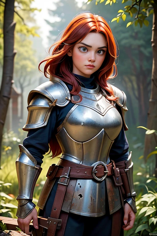 (Young 19 year old woman), (Caucasian with fiery red hair, ojos brillantes, expresiones faciales feroces) (imagen de cuerpo completo) (cuerpo delgado: 0.8) (pechos enormes: 1.5) (armadura medieval de guerrera intrincadamente detallada, capa forrada de piel, corona enjoyada), Their armor is rusted by leaves and wood. seria, extremadamente barroca, rubor suave y cara bonita, postura de ataque, hilt, sosteniendo una cimitarra, Full Scene Action, fondo de bosque, luz solar tenue, verdor, Heroic Fantasy Style, Dramatic lighting with strong contrasts of light and shadow, (obra maestra: 1.4), (fotorrealista: 1.2), (la mejor calidad), (8k), (cinematography lighting) (sharp focus), (epic composition) (Super detail), (ultra HD), Funny whimsical epic movie poster, (disparo a nivel de los ojos) , (Pro Lighting: 1.25)