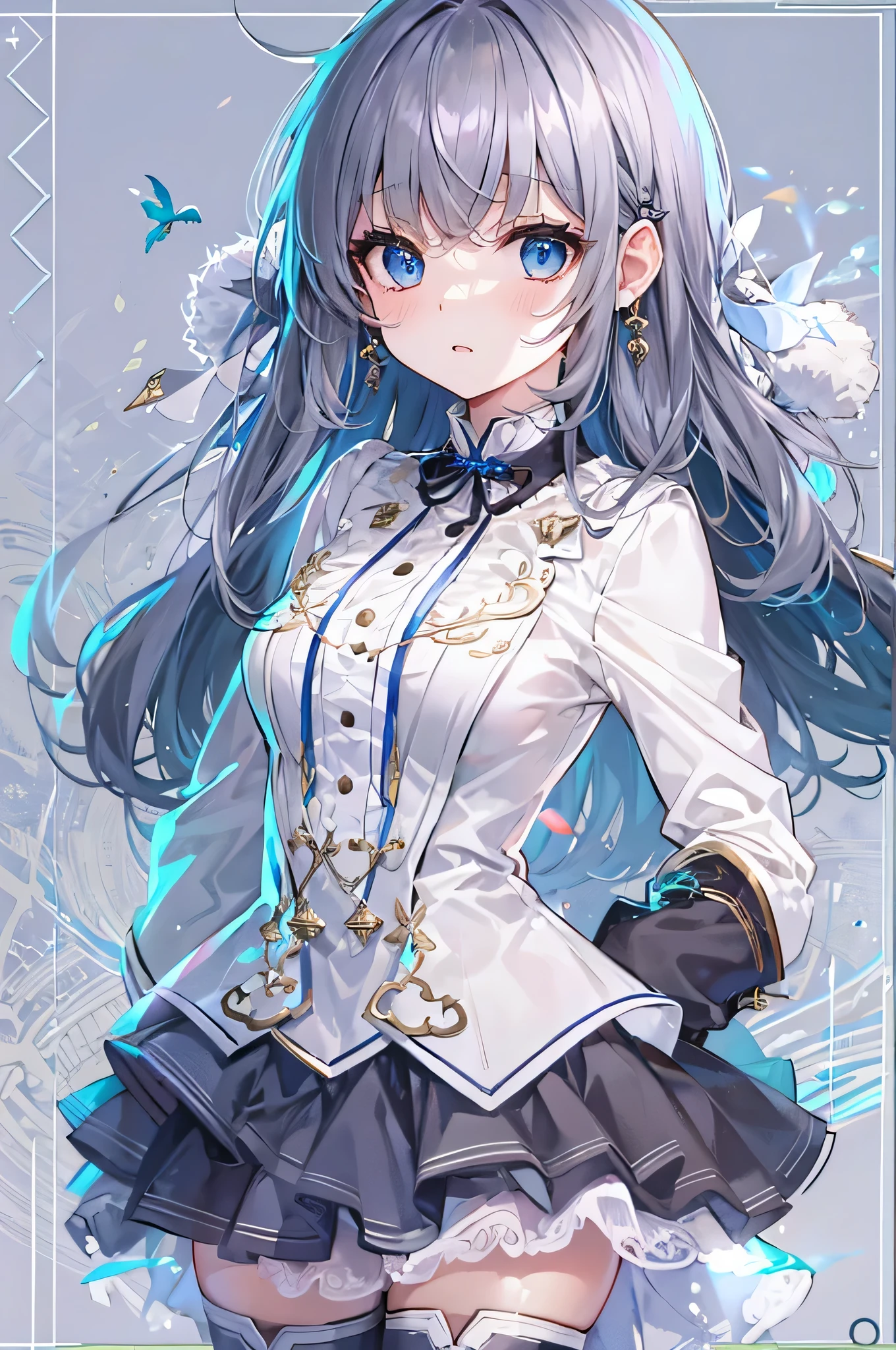 (debris flies, highest quality, ultra high resolution),1 girl,suit , beautiful and detailed face, fine eyes,((Gray and Blue theme)),((whole body)),perfect eyes、no background,white background,((wearing black boots)),((Cute fluffy white dress)),Isshiki、model、beautiful thin legs、slender body,スーパーmodel