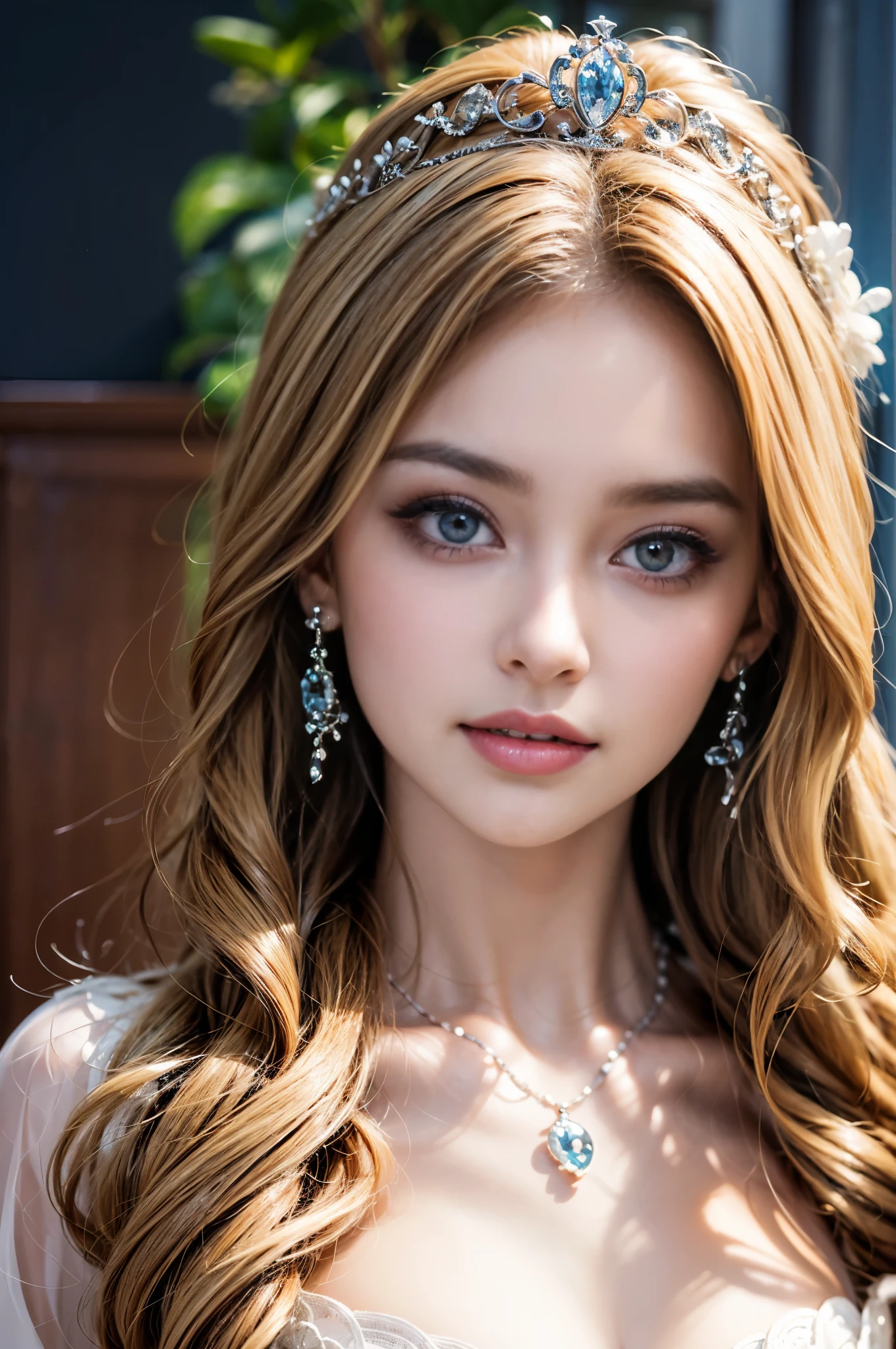 ((RAW shooting:1.5, realistic:1.5, 8K, highest quality, masterpiece, ultra high resolution)), Inside the luxurious British Royal Palace, professional camera work:1.3, Highly detailed skin and facial textures:1.3, glow light effect, Super detailed:1.3, cute 15 year old british princess, Fair skin, Glossy skin, (elegant:1.4, small face), Ultimate Cute Face:1.5, (Clean eyes:0.9, looking far away), smile:1.0, (mouth is slightly open:0.4, Clean and refreshing taste:0.7), double eyelid, ((super long blonde curly hair)), tiara, necklace and earrings, ((elegantで光沢のあるサテンのプリンセスドレスをオフショルダーで正しく着こなす方法)), big breasts, cowboy shot