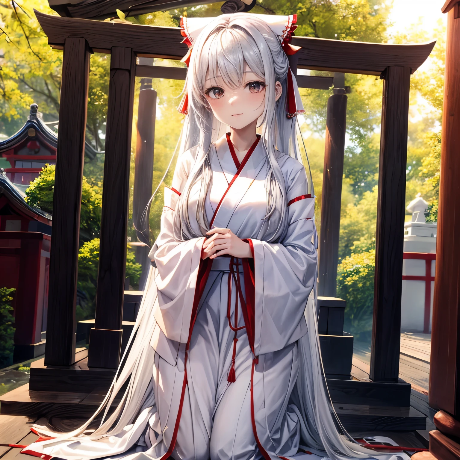 shrine maiden、shrine maiden装束、white clothes、Crimson hakama、shrine、long hair、girl、within the territory、transparent skin、sunlight shining diagonally、Ritual、