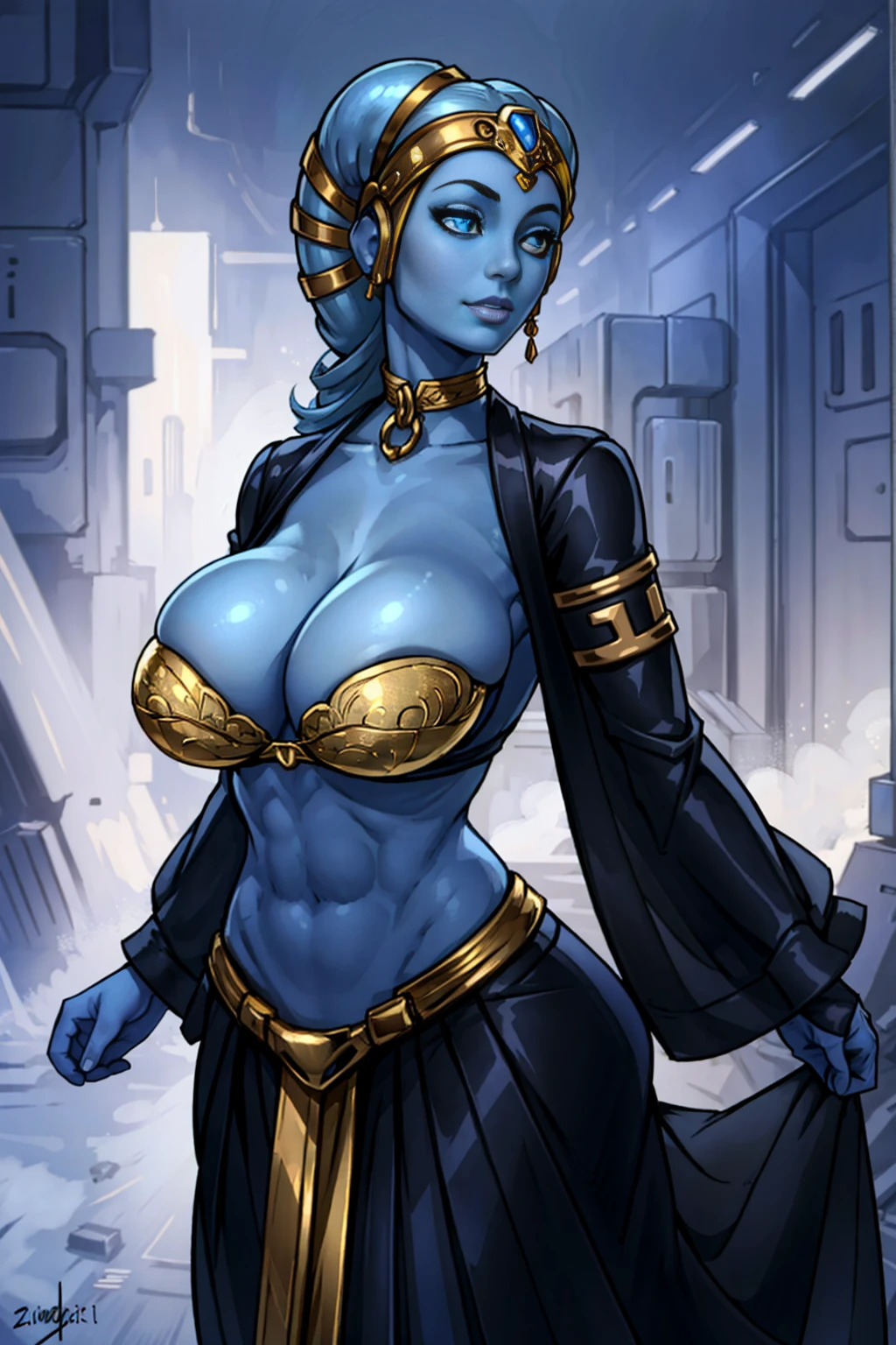 (masterpiece:1.2, best quality:1.2, beautiful, high quality, highres:1.1, aesthetic), detailed, extremely detailed, ambient soft lighting, 4K, perfect eyes, perfect face, perfect lighting, 1girl, (((blue skin)), twi'lek), (gold metal bikini, gold, ornate metal bra, criss cross straps, metal lace, gemstones, silver jewelry, long skirts, choker, armlets, pelvic curtain, silkusty), slender body, thin, slim , slim waist, (((gigantic breastig cleavage, skindentation))), Imperial city, Star Wars,