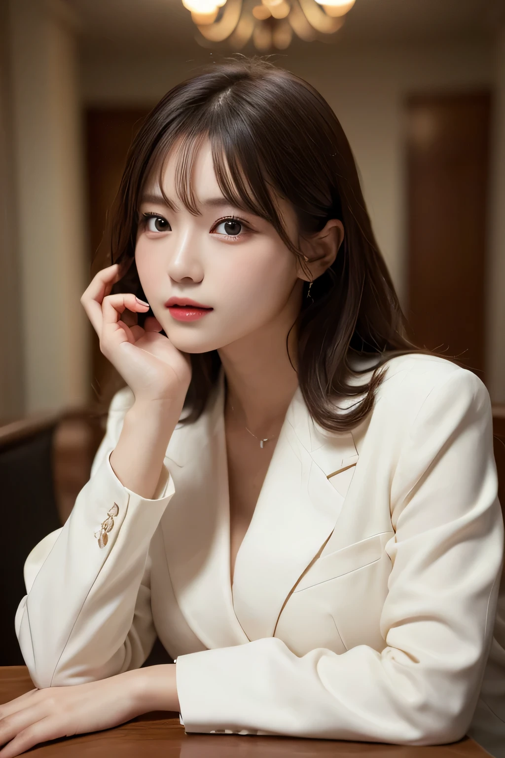 tmasterpiece,Best quality,A high resolution,8K,(Portrait photograph:1.5),(Head close-up),(ROriginal photo),real photograph,digital photography,(Girls in the workplace),(Female president),20 year old girl,random hair style,By bangs,(green-eyed),Serious and obsessed with breasts, accessories,Keep one's mouth shut,elegant and charming,Serious and arrogant,Calm and handsome,(Women's professional attire),Photo pose,Realisticstyle,gray world background,oc render reflection texture