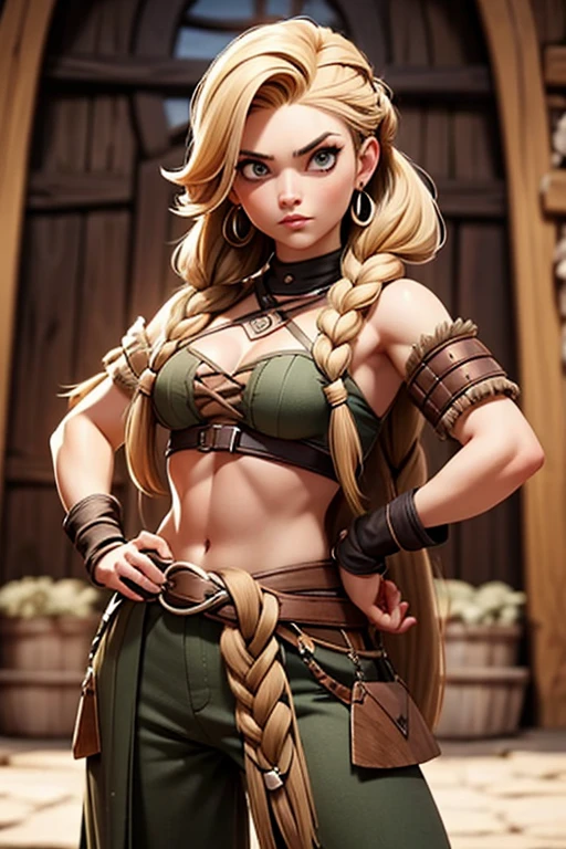 (Mujer vikinga:1.2),(Pintura de guerra en la cara), Maquillaje guerrero, (ojos verdes:1.1),(muscular),(Abrigo),(falda de piel),(pants),(auburn hair color:0.9),(Peinado vikingo),(loose hair with small braids on the scalp), (top con correa de cuero) plumaje, capa sobre el hombro, spaulderlue, traje gris y marron:1.2), guerrero