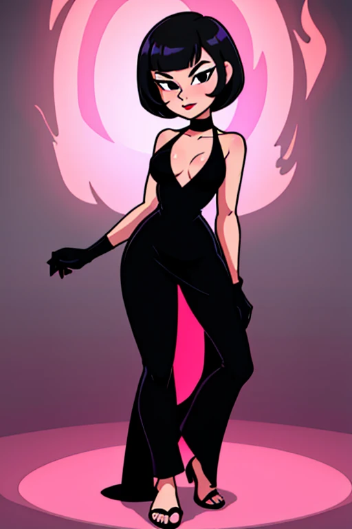 Short hair, black hair, bob cut, bob hair, black maxi dress, bare shoulders, red elbows gloves, nightclub, disco lighting, pink lipstick, cartoon style, black eyes, 1 girl, solo, full body, burning fire background